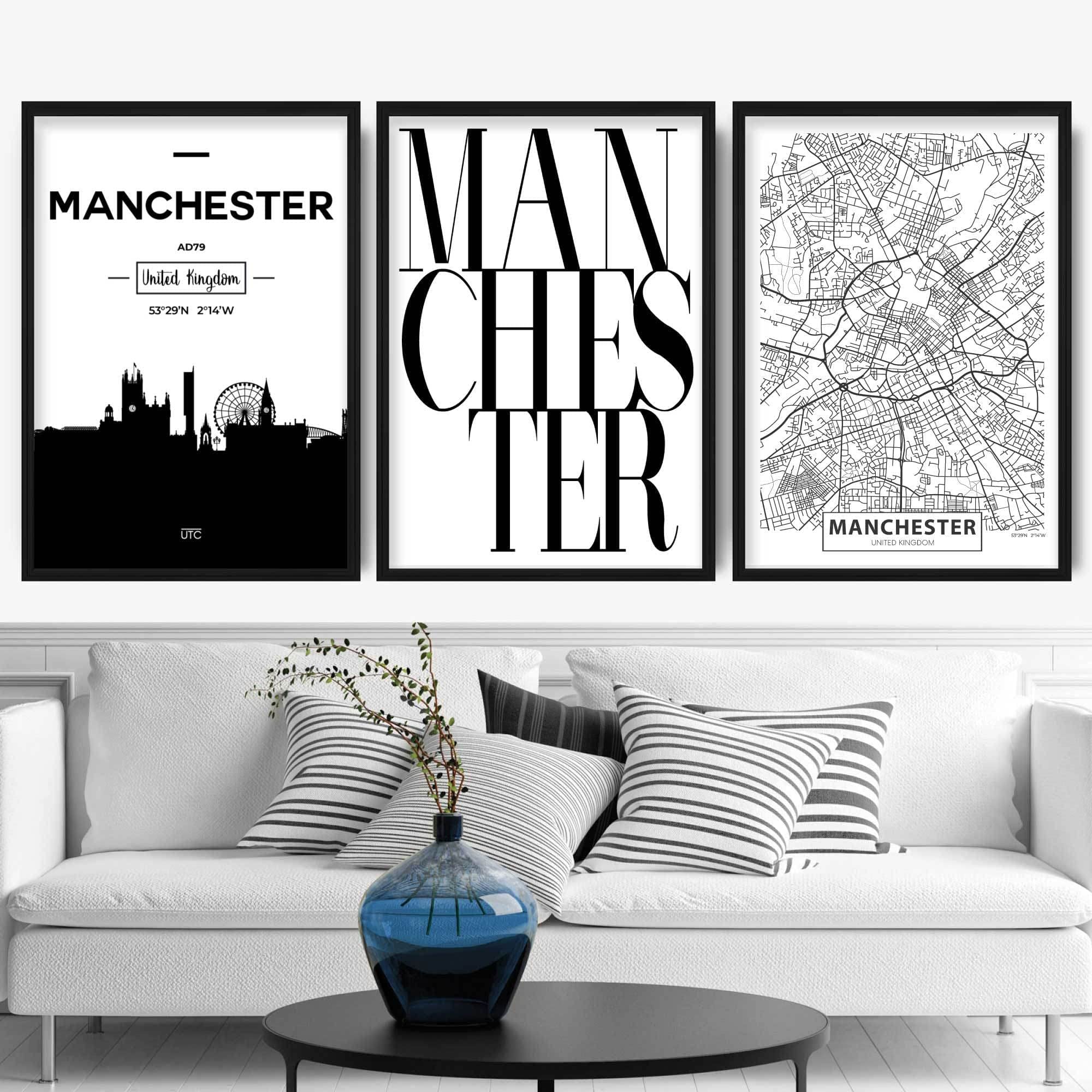 Artze Wall Art Manchester Skyline Street Map City Prints 3Piece Set
