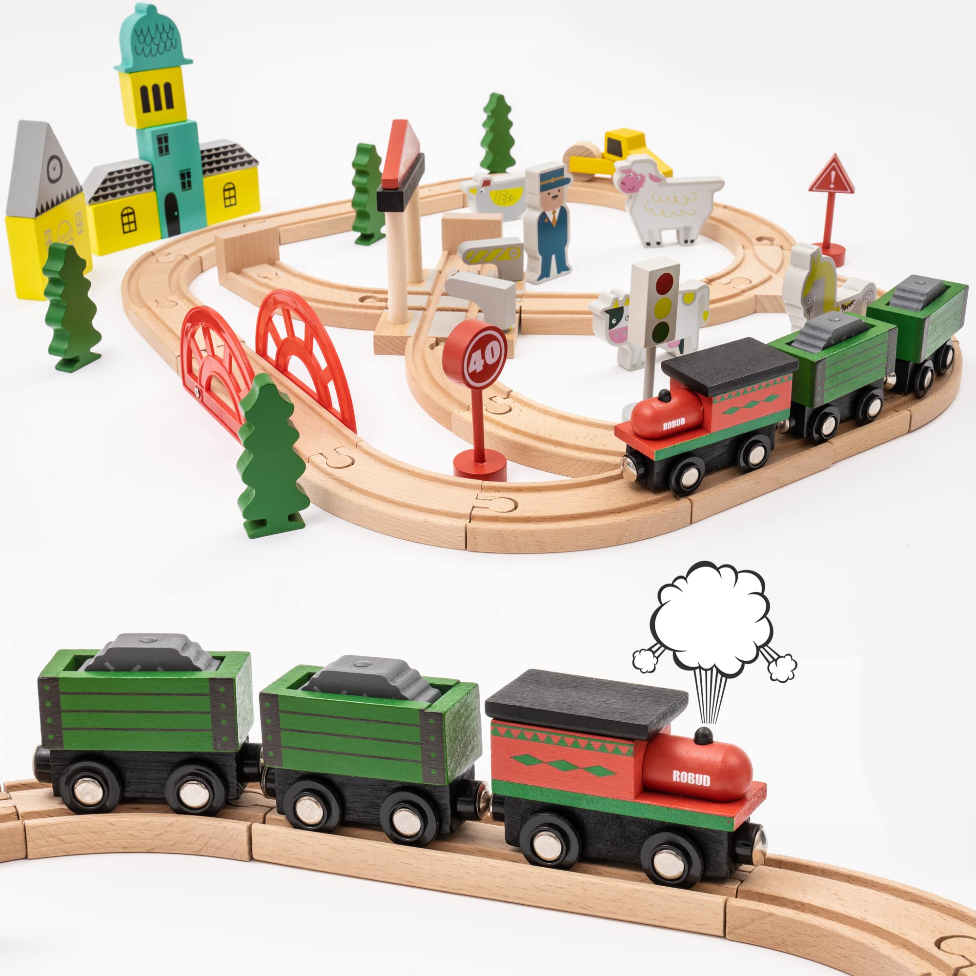 ROBUD Wooden Train Track Set Wooden Train Set 57pcs with Magnetic Trains Toy Train Set for Kids Wooden Railway Fits Brio Thomas