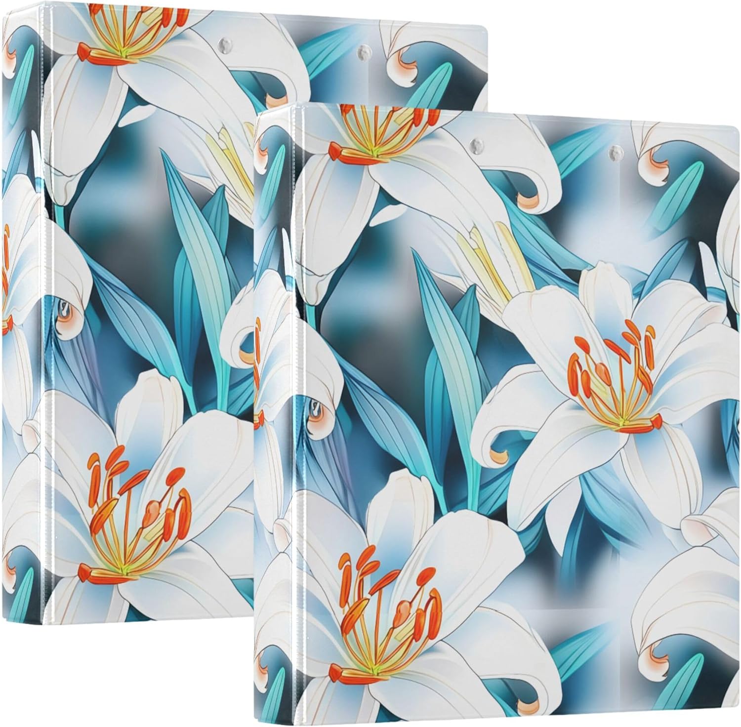 White Lilies 3 Ring Binders, 1.5” Round Ring Binders with Clipboard - Letter Size, 3 Interior PVC Clear Pockets & Anti-Slip Clip for Office School Supplies, 2PCS