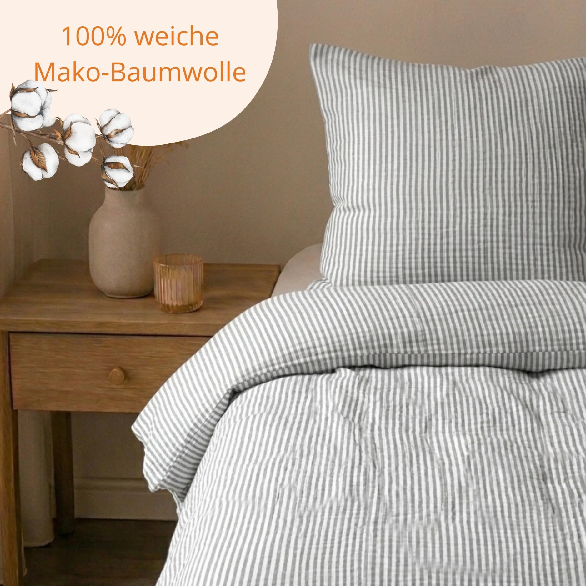 sleepling Musselin Bettwäsche, Bettbezug 135x200 cm + Kissenbezug 80x80 cm, 2-teiliges Set, 100% Baumwolle, Weiche Sommerbettwäsche, Made in EU, Oeko-TEX, Waschbar bis 60 Grad, Gestreift Grau Weiß