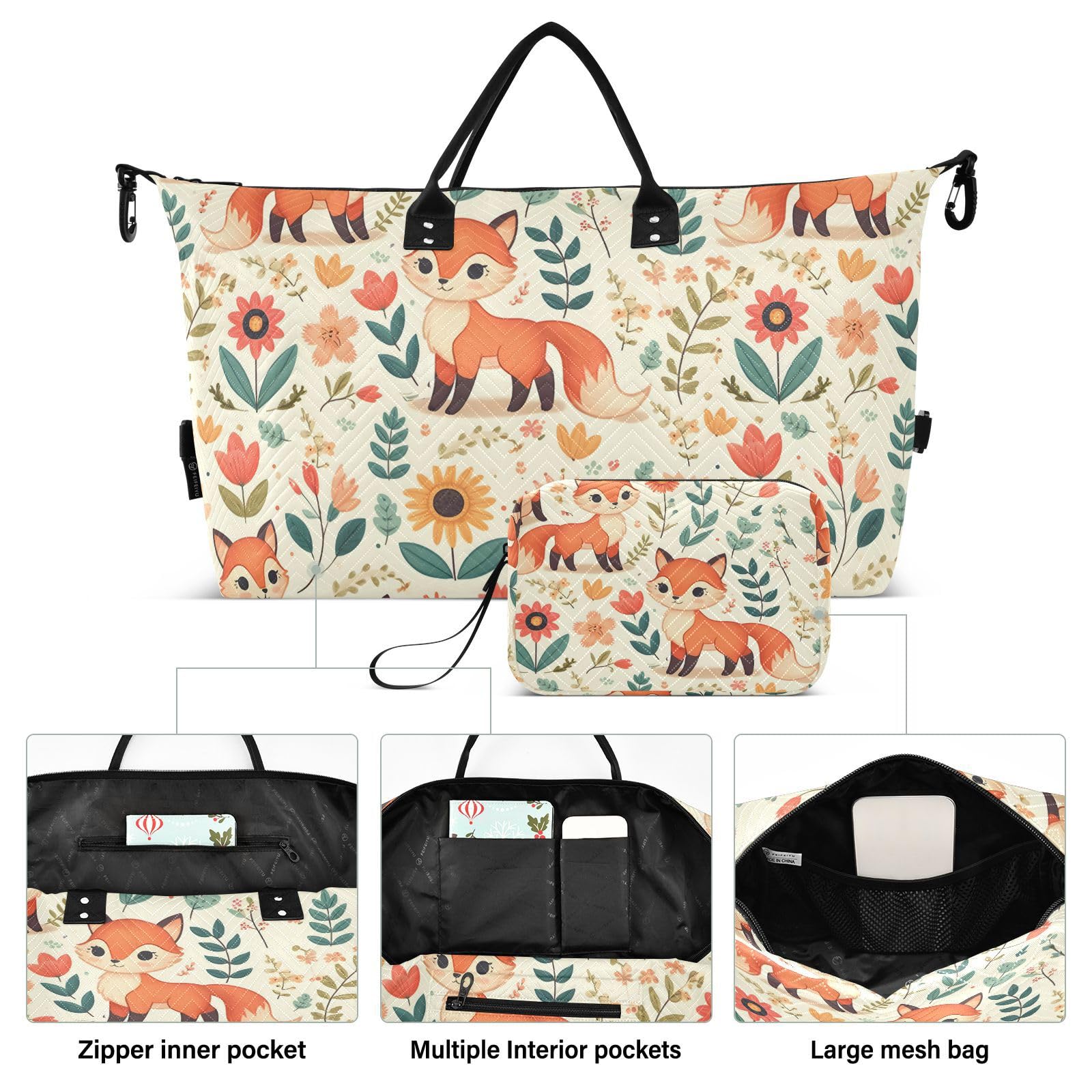 Fox Travel Duffle Bag Gym Bag, Fox Floral Elements Weekender Bags for Women with Toiletry Bag Travel Tote Bag Swim Bag