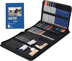 Conjunto de 71 peças de material de artes e kit de desenho - Conjunto completo de lápis de arte: Grafite, colorido, metálico, carvão, aquarela, apontador, borracha e muito mais