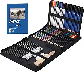 Conjunto de 71 peças de material de artes e kit de desenho - Conjunto completo de lápis de arte: Grafite, colorido, metálico, carvão, aquarela, apontador, borracha e muito mais