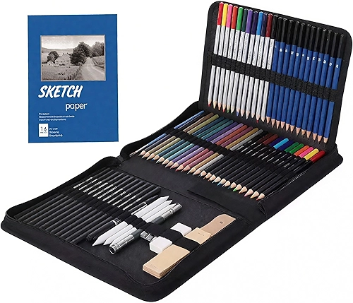 Conjunto de 71 peças de material de artes e kit de desenho - Conjunto completo de lápis de arte: Grafite, colorido, metálico, carvão, aquarela, apontador, borracha e muito mais