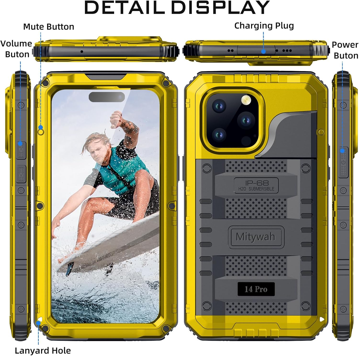 Mitywah Waterproof Case for iPhone 14 Pro, Heavy Duty Shockproof Case with Built-in Screen Protector, Full Body Underwater Protective Metal Case 6.1 inch, Yellow