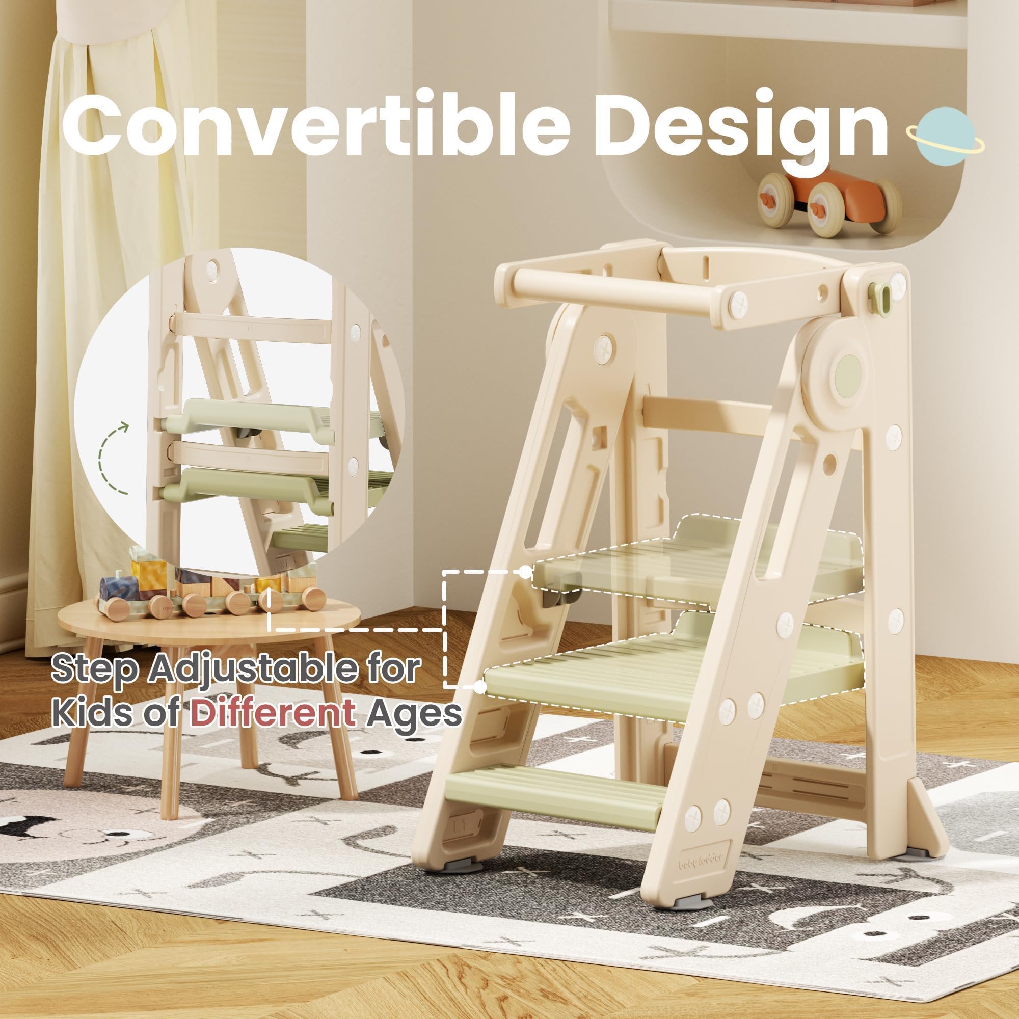 Klappbarer Lernturm für Kinder, Höhenverstellbarer Montessori Tritthocker für Küche, Bad und Kinderzimmer, Multifunktional ab 1 Jahr (Classic, Grün)