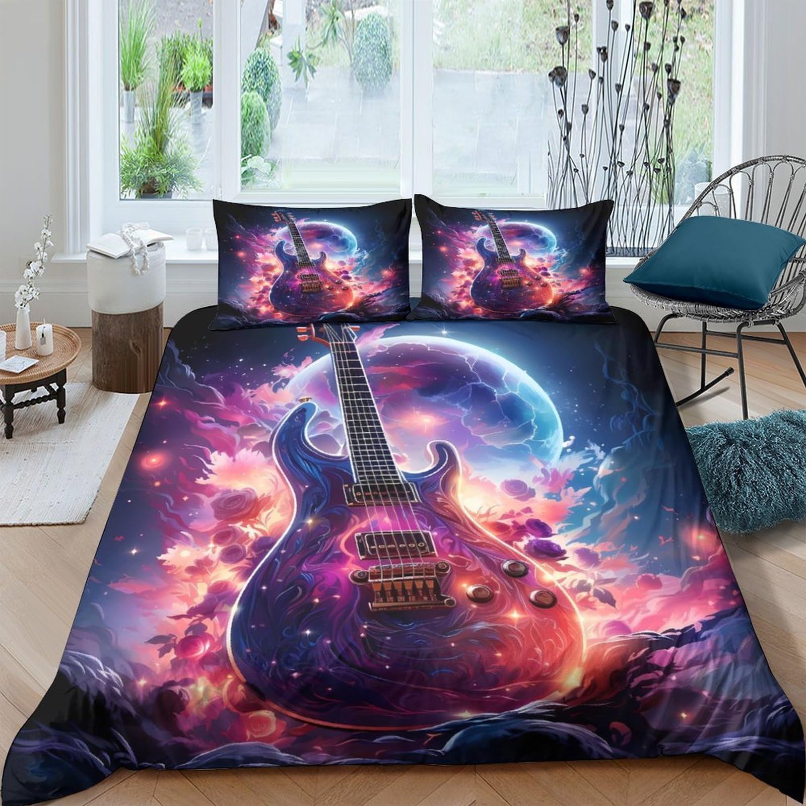 Ctjqhvkz Style-7 3D Printed Galaxy Guitar Fitted Sheet Microfiber Soft Breathable Cosmic Nebula Mattress Cover Bedroom Decor Single（135X200cm）