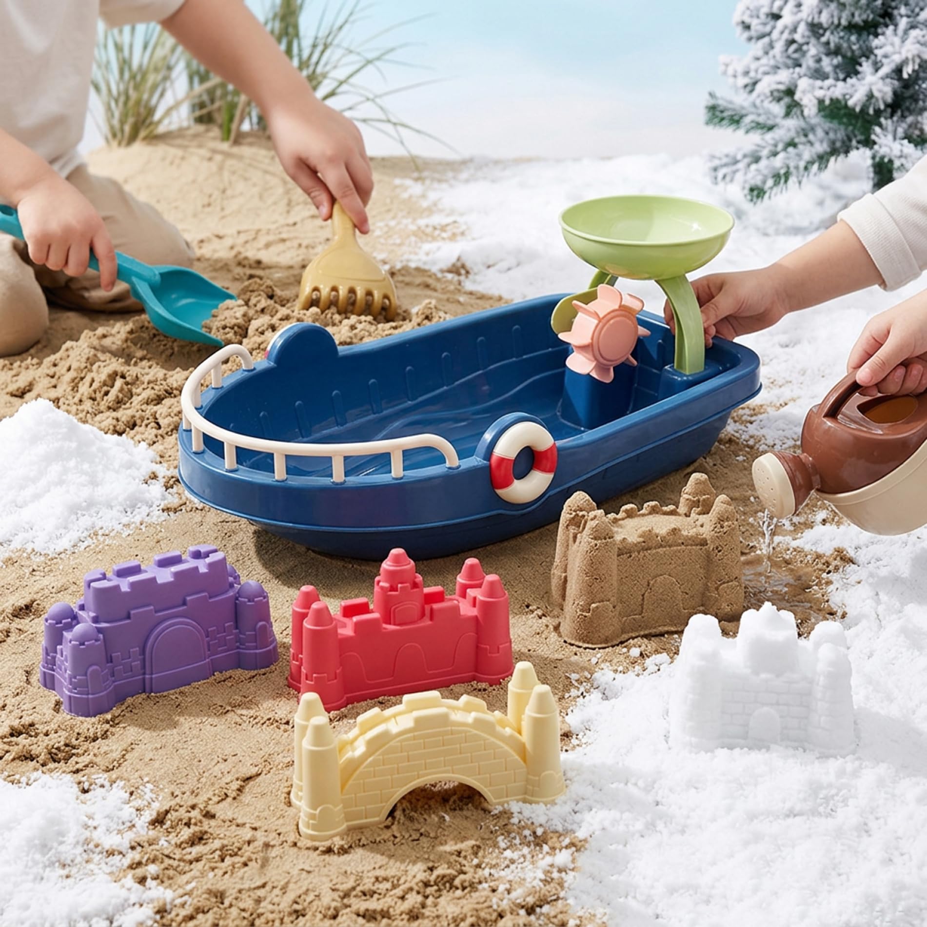Giochi con sabbiera, Giochi con Sabbia da Spiaggia - Castello di Sabbia con Pala e Set di rastrello per Bambini e Adulti, Set da Gioco per Spiaggia, sabbiera, Neve