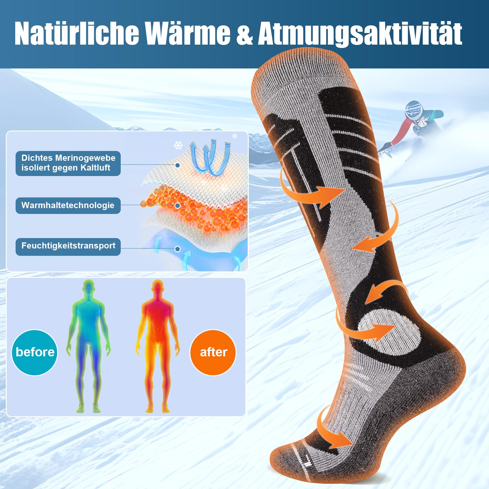 SukModen 2 Paia Calzini da Sci in Lana di Merino Per Signore e Signori, Lana Calda Termici Calzini Invernali Spessi Per Tempo Freddo, Neve, Sci, Snowboard, Caccia, Escursioni​