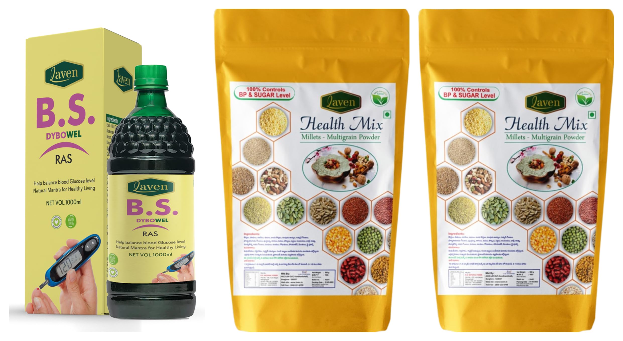 Laven | B S DYBOWEL RAS, (1000 ml) | & | Laven | Health Mix Pack of 2 500gr (1 kg) | Help balance blood Glucose level Natural Mantra For Healthy Living| Millets - Multigrain Powder, 100% natural |-image-13