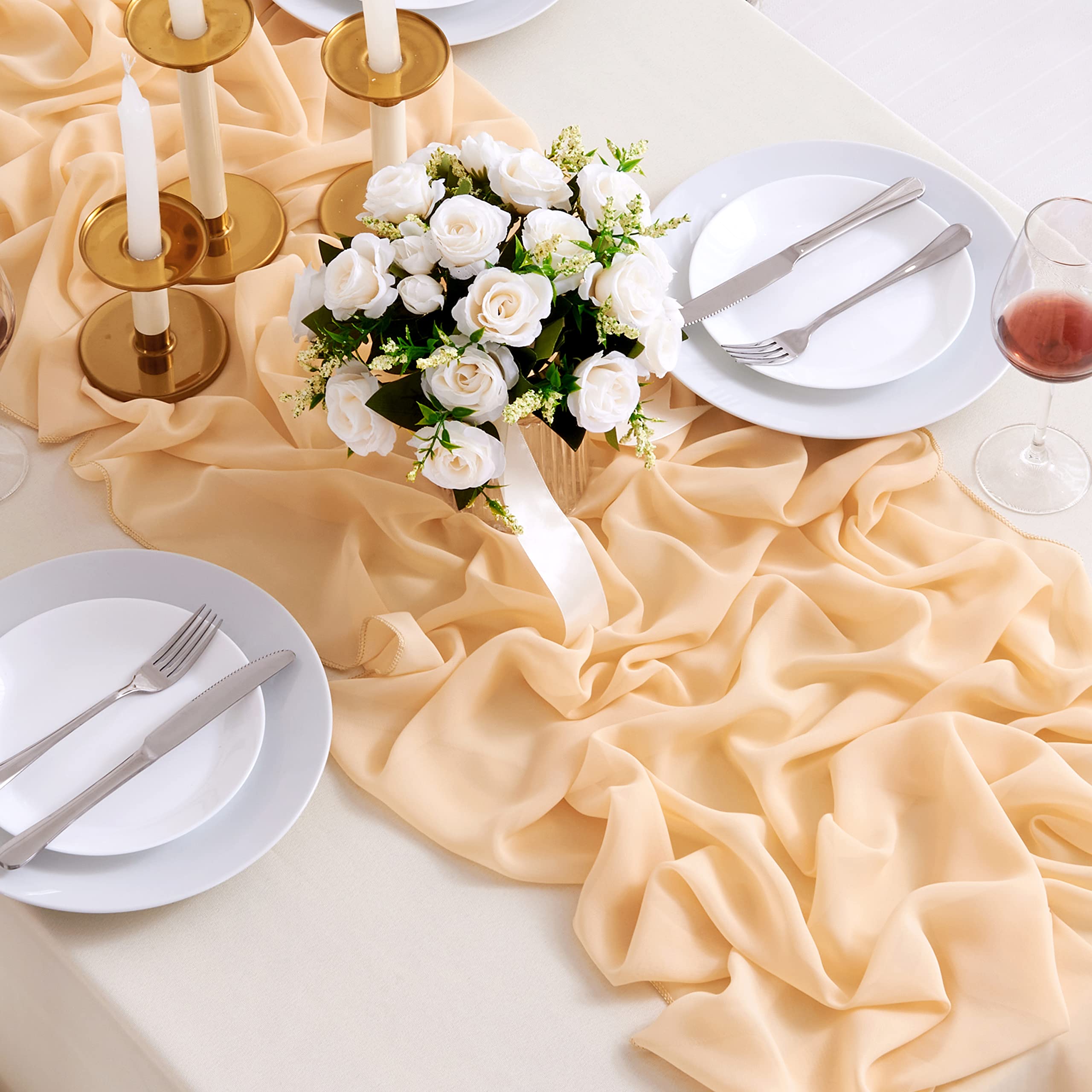 Runner Da Tavola In Chiffon Champagne - 70x300cm | Per Matrimoni, Feste E Baby Shower | Con Nastro - Foto 9