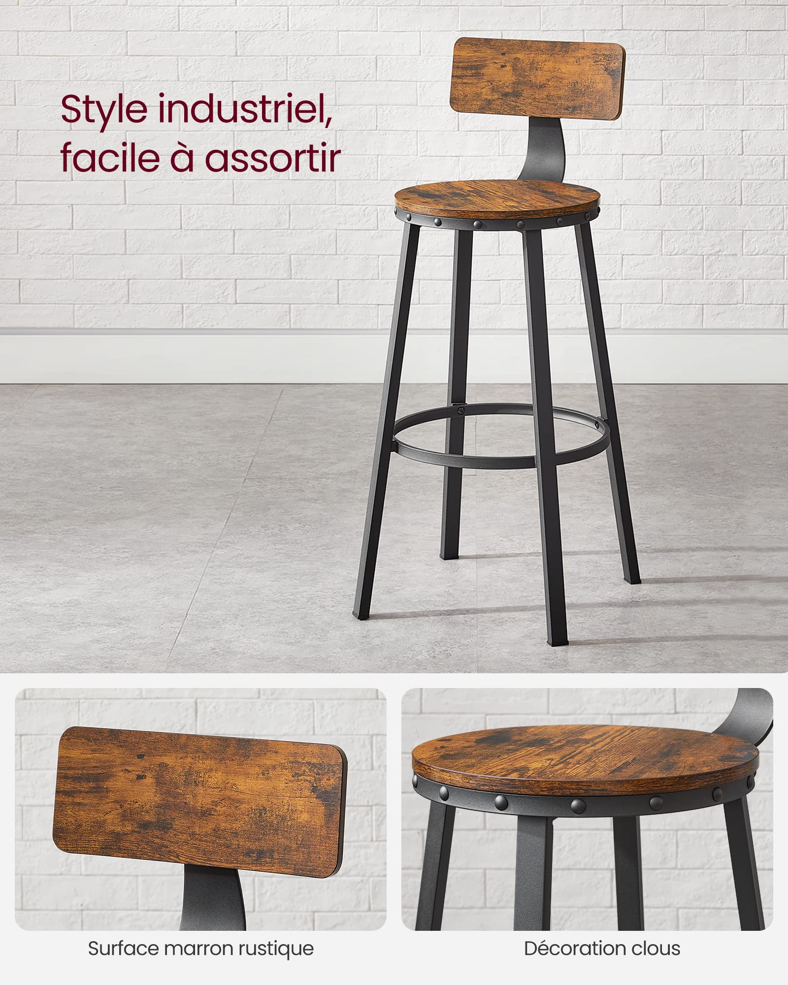 VASAGLE Tabouret Bar Industriel, Lot de 2, Chaises Bar Cuisine, avec Dossier, Cadre en Acier, Siège 73,5 cm de Haut, Montage Facile, Style Industriel, Marron Rustique et Noir d'encre LBC026B01V1