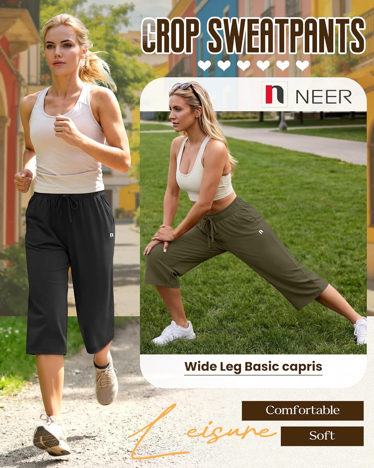 Neer 3 Pack Women's Capri Pants, Wide Leg Basic Sweatpants Lounge Loose Fit Casual Drawstring Yoga Capris with Pockets - Image 2