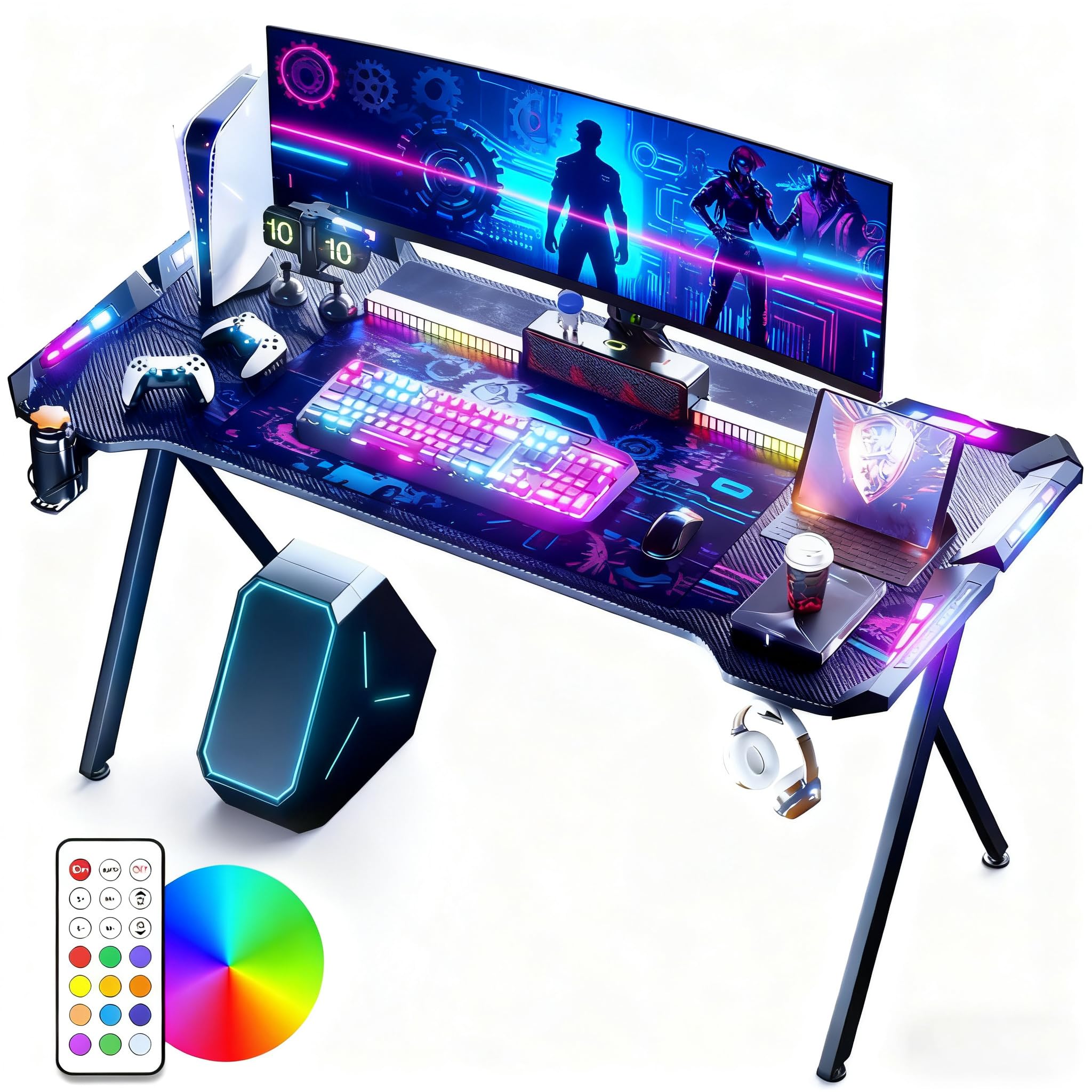 LZQ Gaming Tisch mit RGB LED 140x60 cm, Gaming Schreibtisch Ergonomischer Gamer PC Tisch mit Kohlefaser-Oberfläche, Spieltisch RGB Computertisch mit Fernbedienung & Kopfhörerhaken, Schwarz