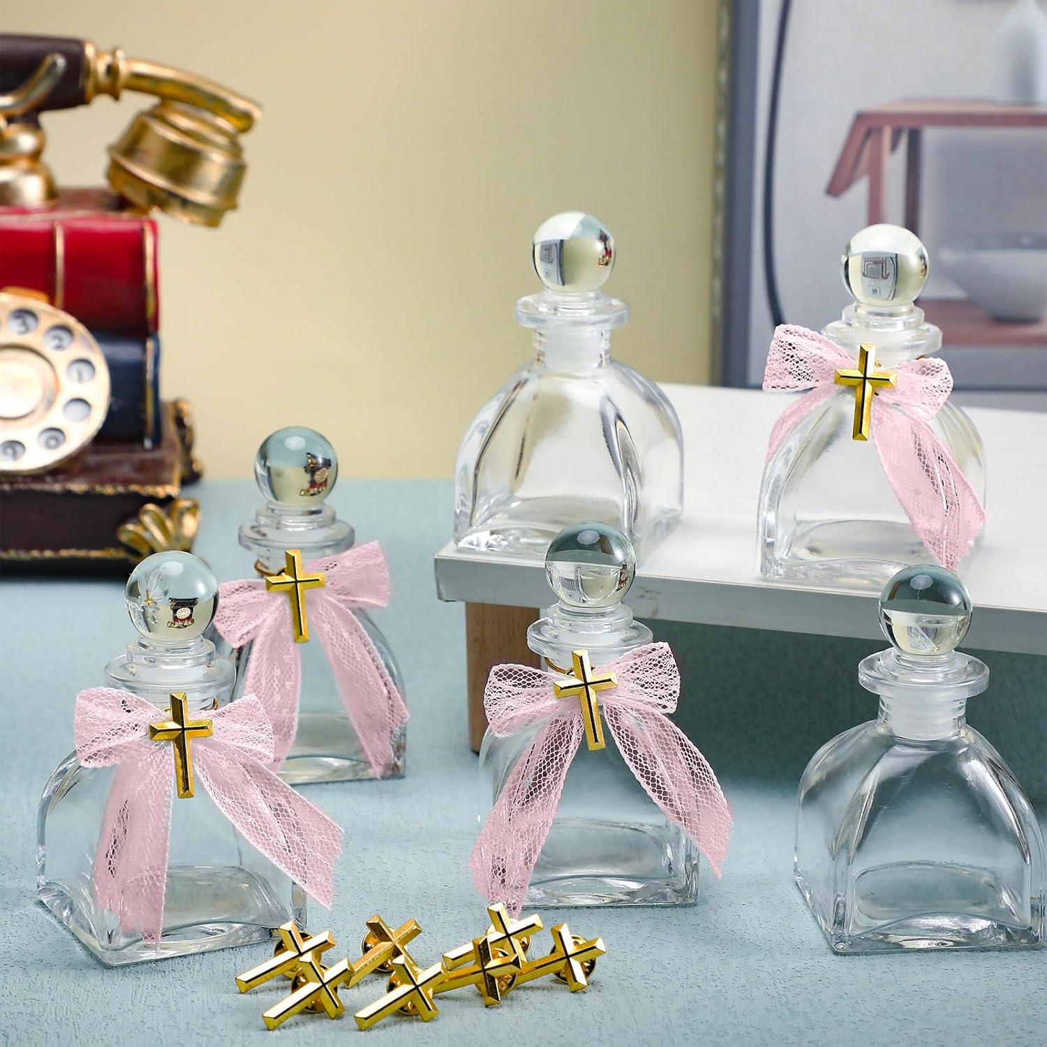 Chuangdi 24 Set Holy Water Bottles Catholic Clear Holy Water Container 50ml Christian Glass Bottle with Cross Lapel Pin and Lace Bow for Communion Gift Church Baptism Wedding Party (Pink)