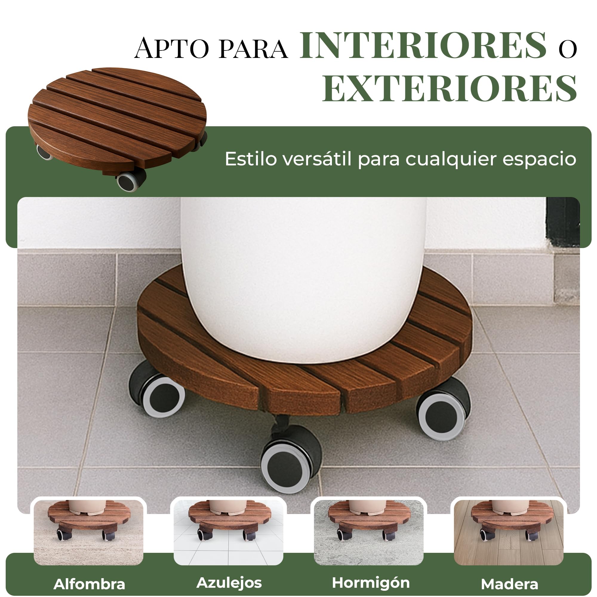 Set 2 uds Base con Ruedas para Macetas Ø 30 cm – Listones de Madera de Aliso FSC 15,5 mm de Espesor, hasta 100 kg, Ruedas 360° Silenciosas con Freno, Interior/Exterior, Resistente a UV y Humedad