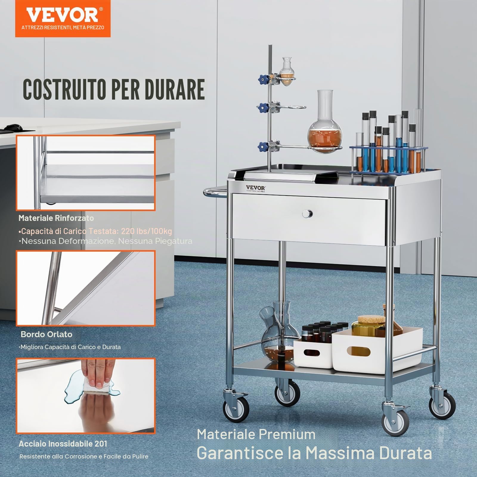 VEVOR Carrello da Laboratorio in Acciaio Inox 2 Ripiani 100kg 710 x 421 x 785 mm