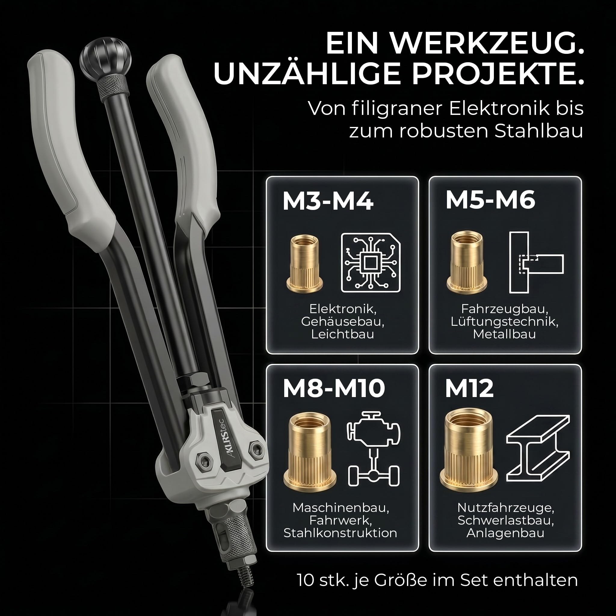 KLRStec Professional Nietmutternzangen Set [M3–M12] Halbautomatische Nietmutternzange für schnelleres arbeiten inkl. 70 Nietmuttern, Stufenbohrer & Werkzeugkoffer – Profi Nietenzange Set