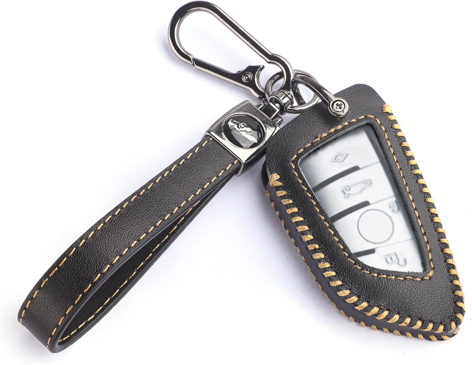 for BMW Key Fob Cover with Keychain, Leather Car Key Case Full Protector Fit for BMW X1 X2 X3 X5 X6 X7 GT and Series 2 3 4 5 6 7 8 Smart Key, Black