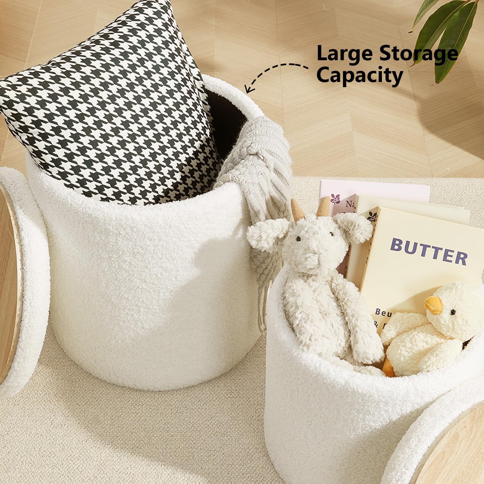 Pouf Rotondo Con Contenitore In Bouclé Bianco – Poggiapiedi Imbottito Per Soggiorno