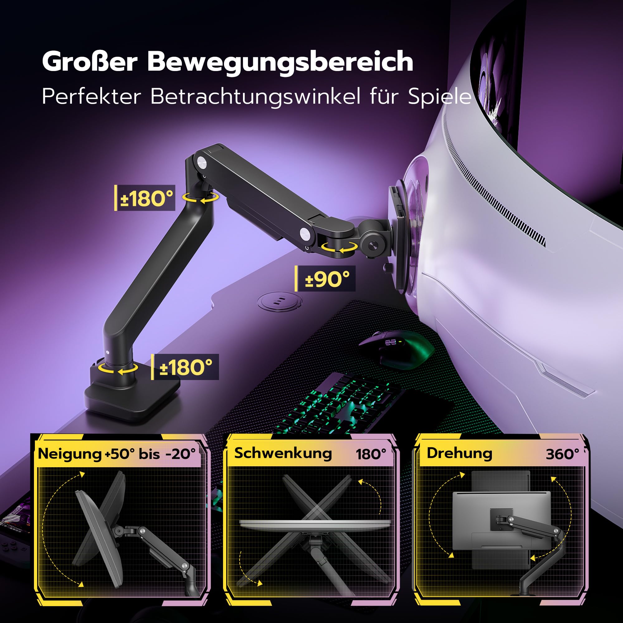 ARES WING Monitor Halterung für 17 bis 49 Zoll Bildschirme, Monitor Arm mit Gasfeder, Verstellbarer Monitorständer Max 20Kg Traglast, VESA 75/100,Schwarz