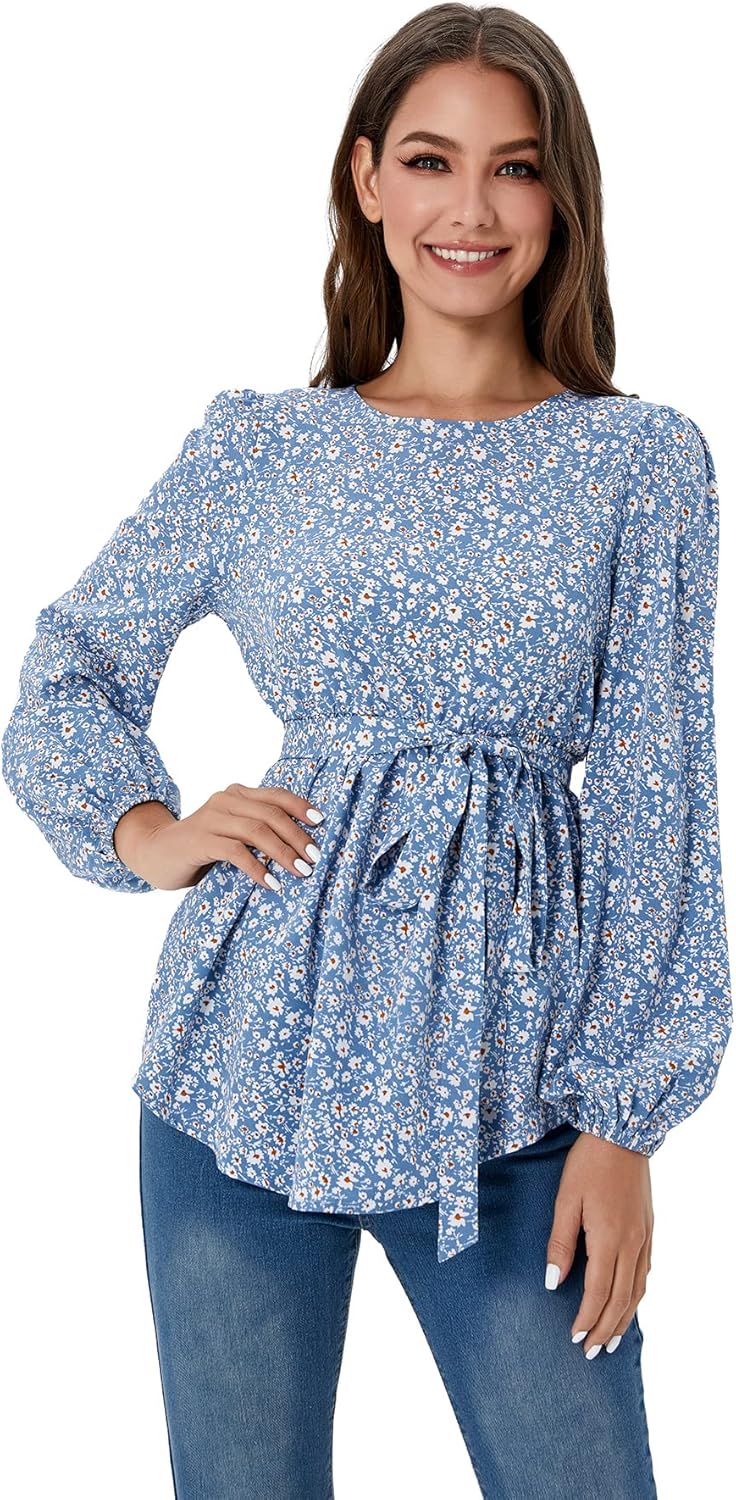 MakeMeChic Women's Maternity Shirt Floral Long Sleeve Belted Pregnancy Peplum Blouse Top at  Women’s Clothing store