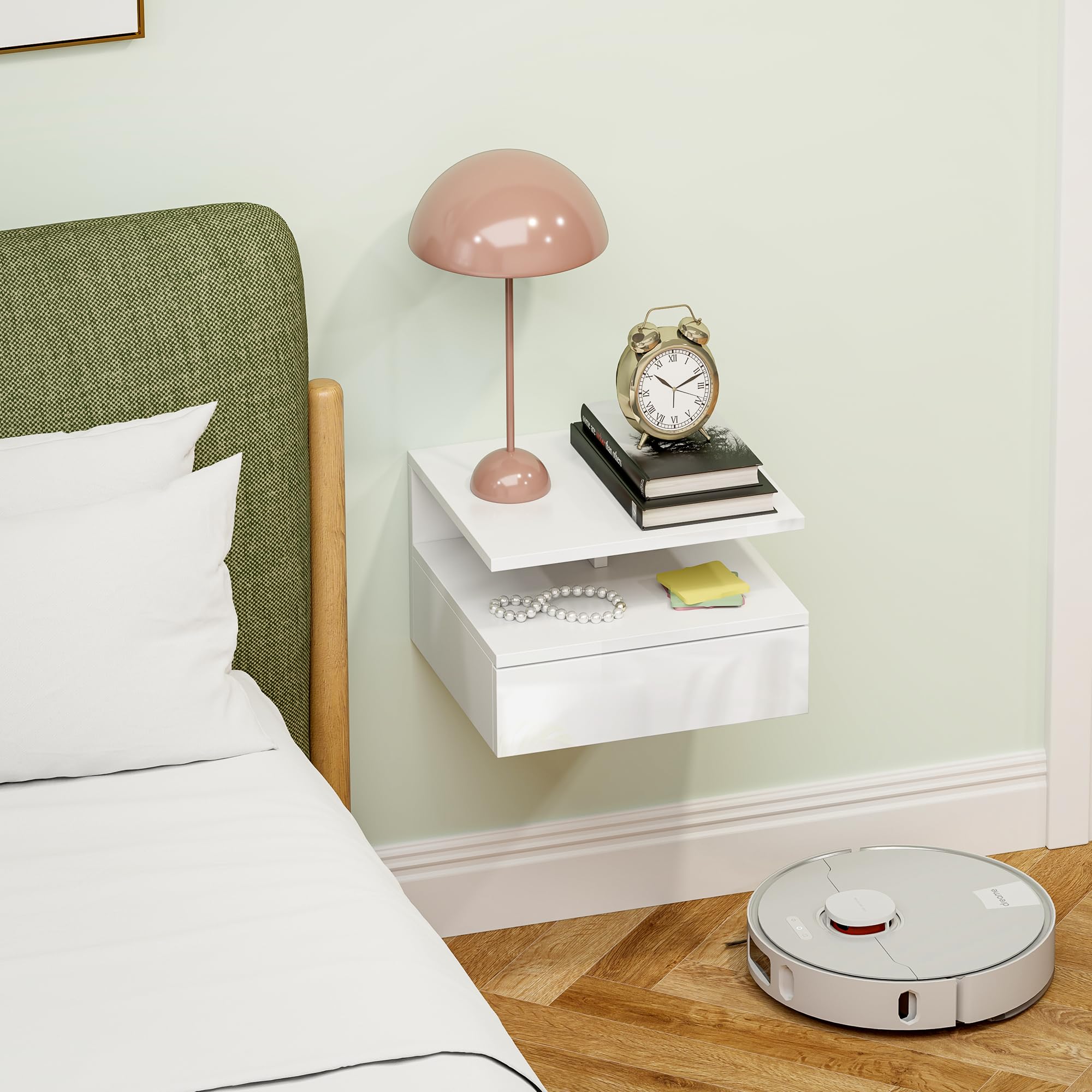 HOMCOM Comodino Sospeso per Camera da Letto con Cassetto e Ripiano Aperto, Comodino Moderno Salvaspazio in Legno, 35x32x22.5 cm, Bianco