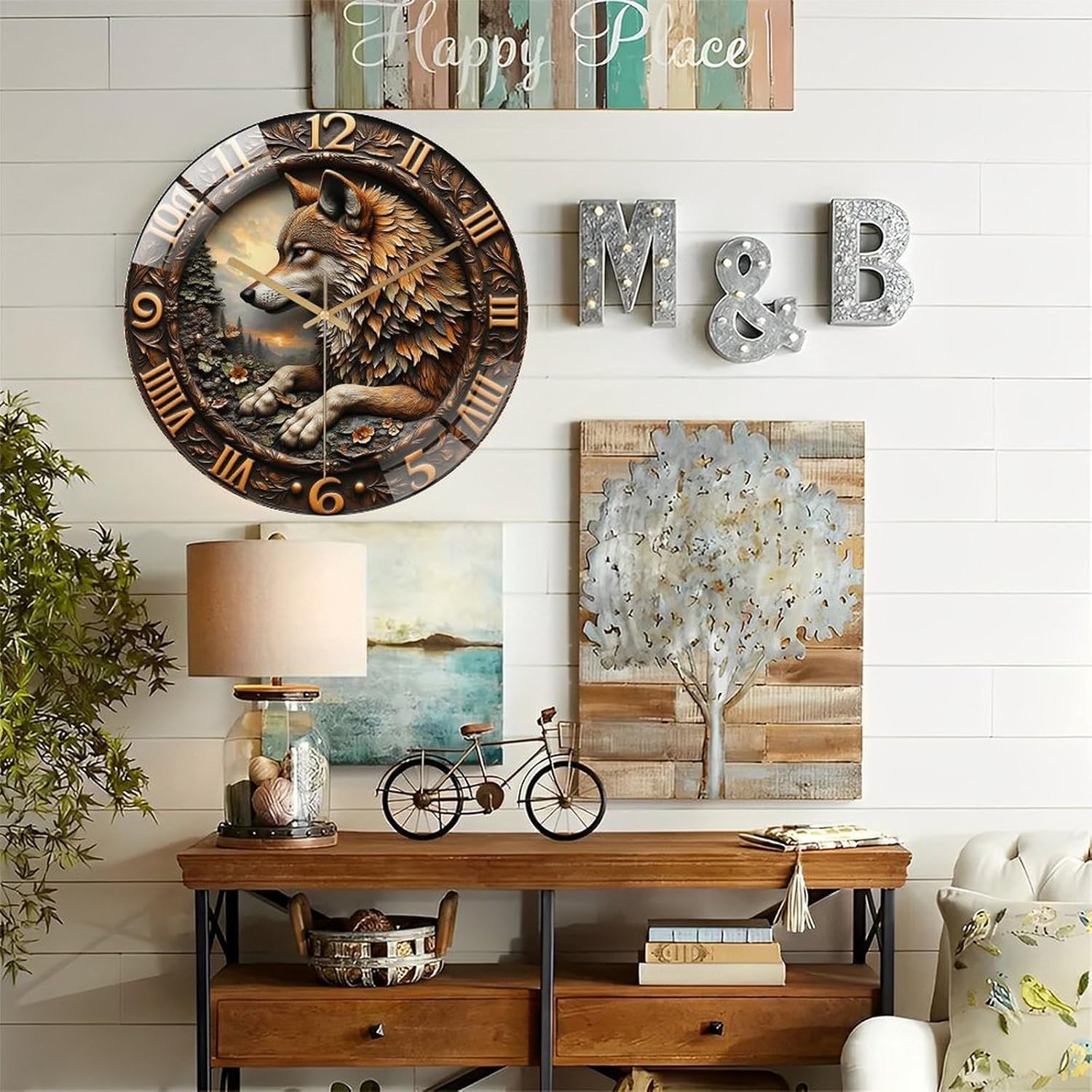 12-Inch Silent Tempered Glass Wall Clock, Wolf Artwork Clock ” Silent Non-Ticking Clock, Battery Operated (AA Batteries Not Included), Artistic Home Decor