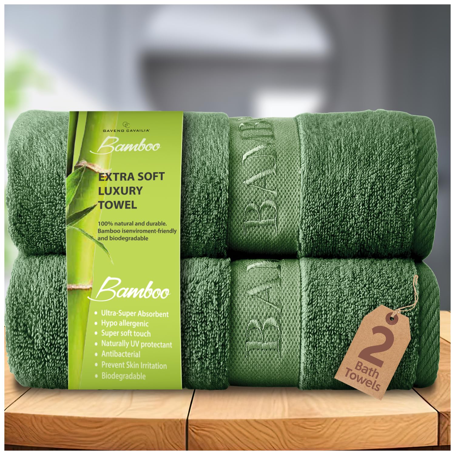 GC GAVENO CAVAILIA Bamboo Bath Towels Set | Pack of 2 Ultra Absorbent Big Bath Towels | 550 GSM Quick Drying Anti Bacterial Shower Towels | Green 70x120 Cm