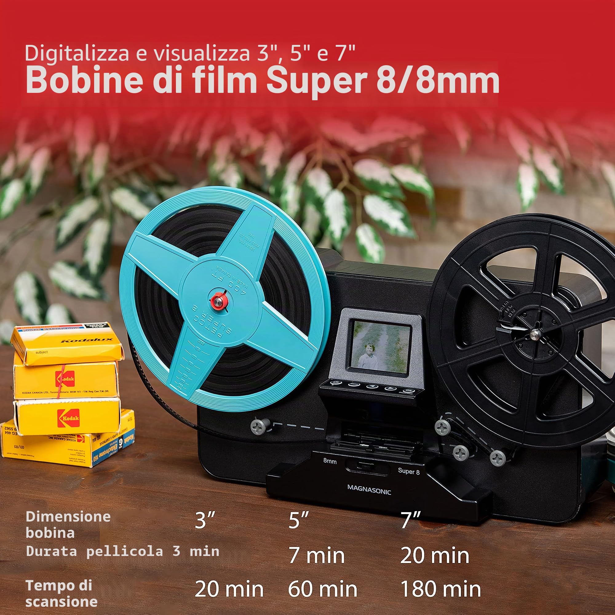Magnasonic Super 8/8mm Film Scanner, converte la pellicola in video digitale, schermo vibrante da 2,3", digitalizza e visualizza 3", 5" e 7" Super 8/8mm (FS81)