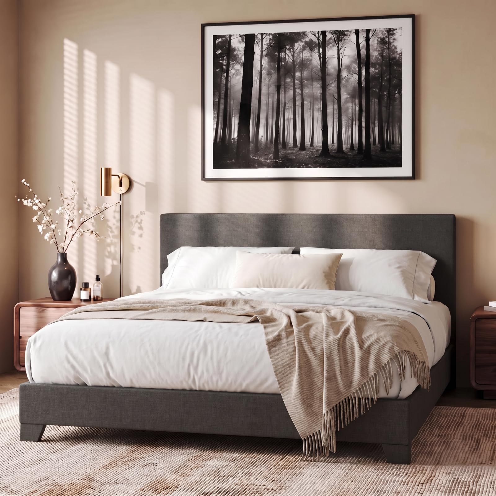 Allewie Full Size Bed Frame with Adjustable Headboard, Upholstered Platform Bed with Wood Slats, Heavy Duty Mattress Foundation, No Box Spring Needed, Noise-Free, Easy Assembly, Dark Grey