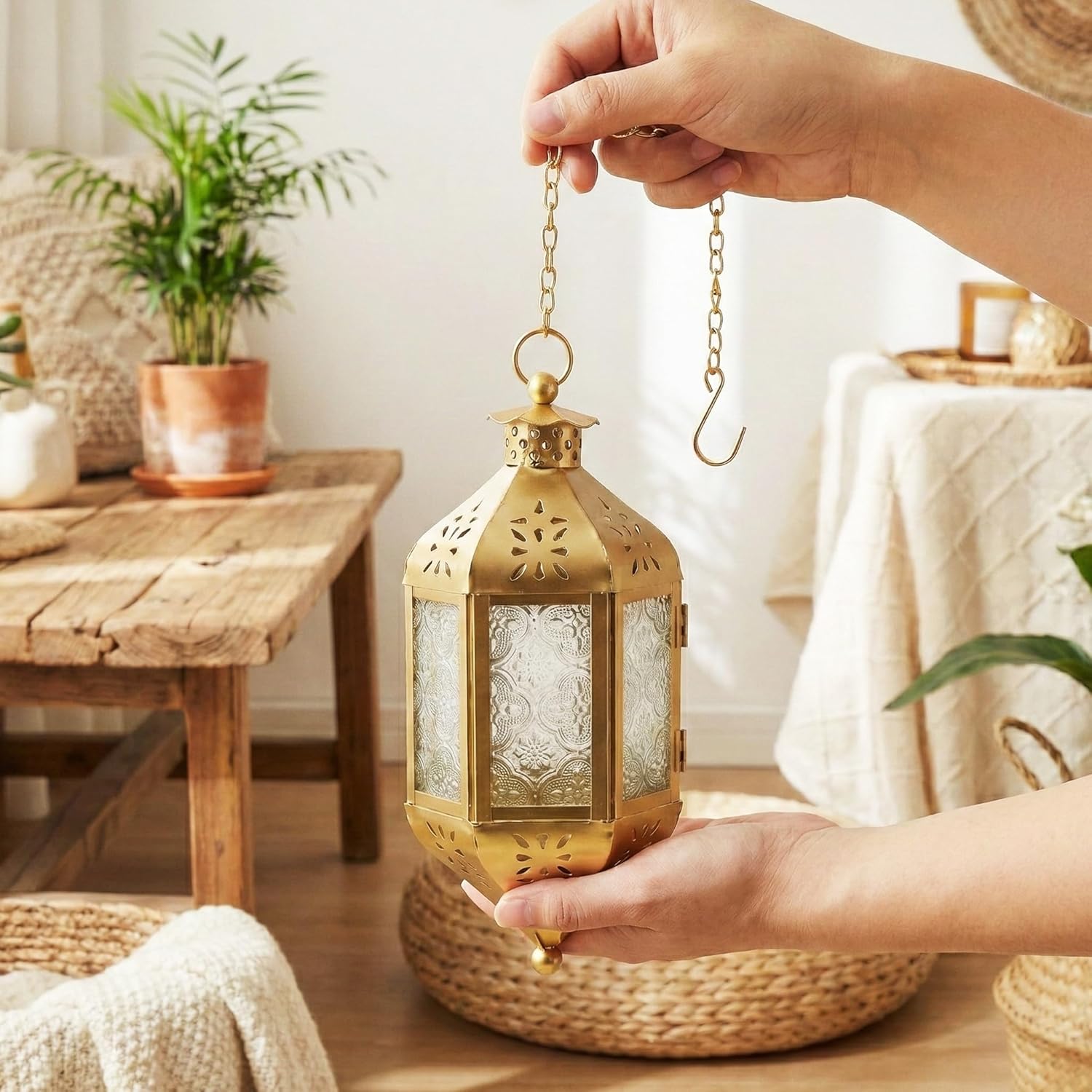 Vela Lanterns 11.5" Hanging Moroccan Decorative Candle Lantern Lamp – Indoor/Outdoor Tea Light Candle Holder for Patio, Porch, Ramadan or Home Decor, Gold