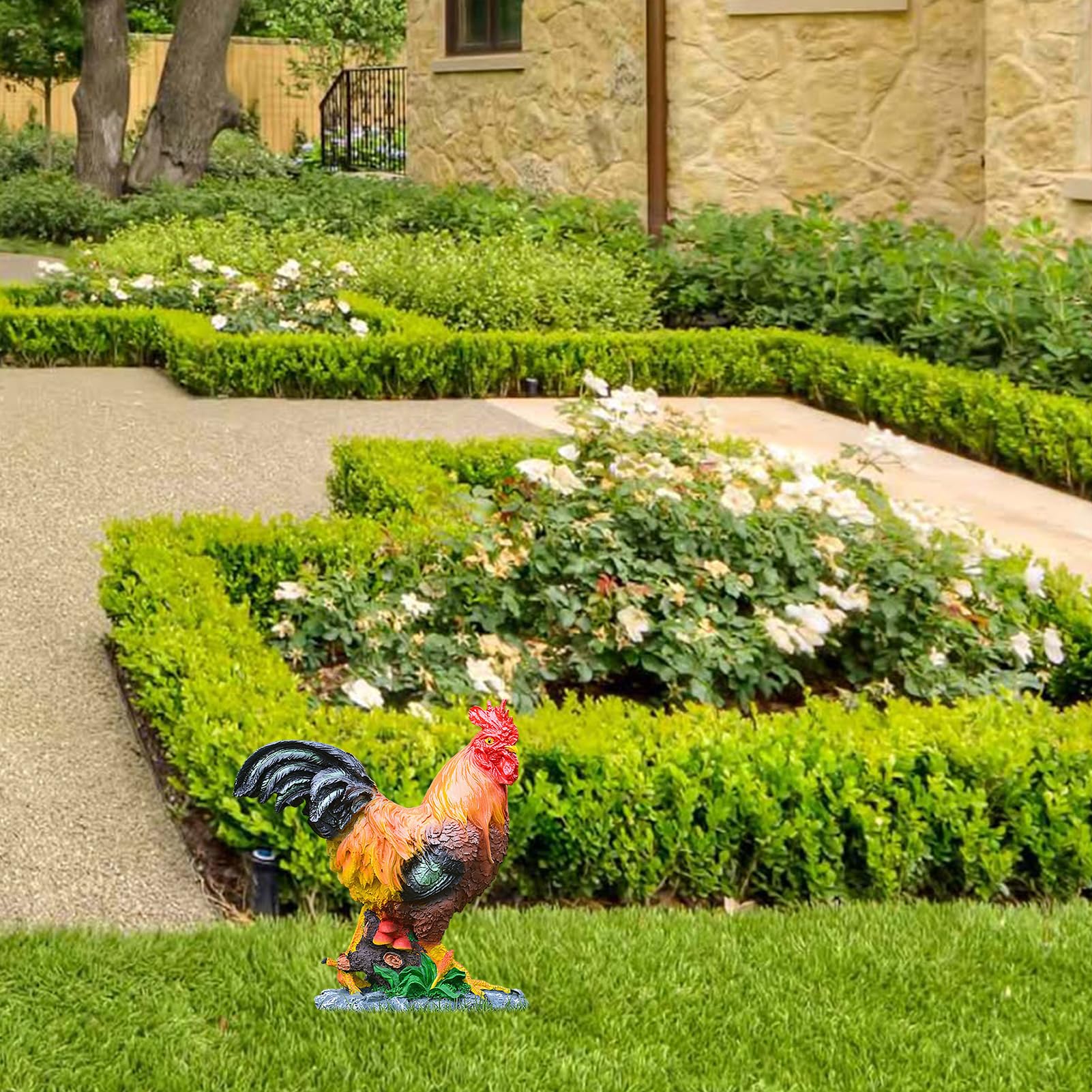 BestAlice Scultura da Giardino Realistica con Gallo, Statue di Pollo in Resina Uniche per L'Arredamento del Giardino, Statua di Gallina di Simulazione per Il Tuo Giardino, Prato o Patio(Gallo marrone)
