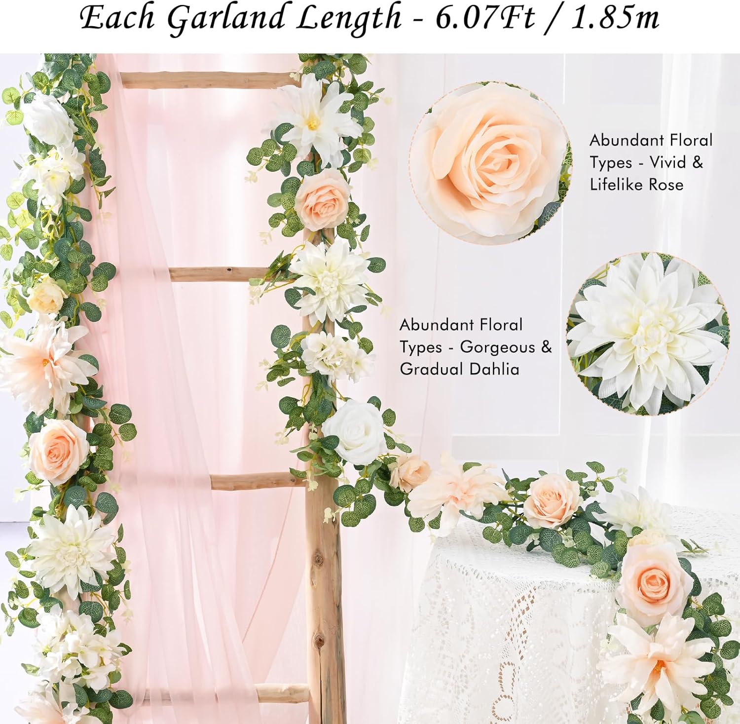 Waipfaru 2Pcs 6Ft Eucalyptus Greenery Garland with Flowers, Flower Rose Garland Decorations for Wedding Table Runner Centerpieces Backdrop Party Room Decor (White)
