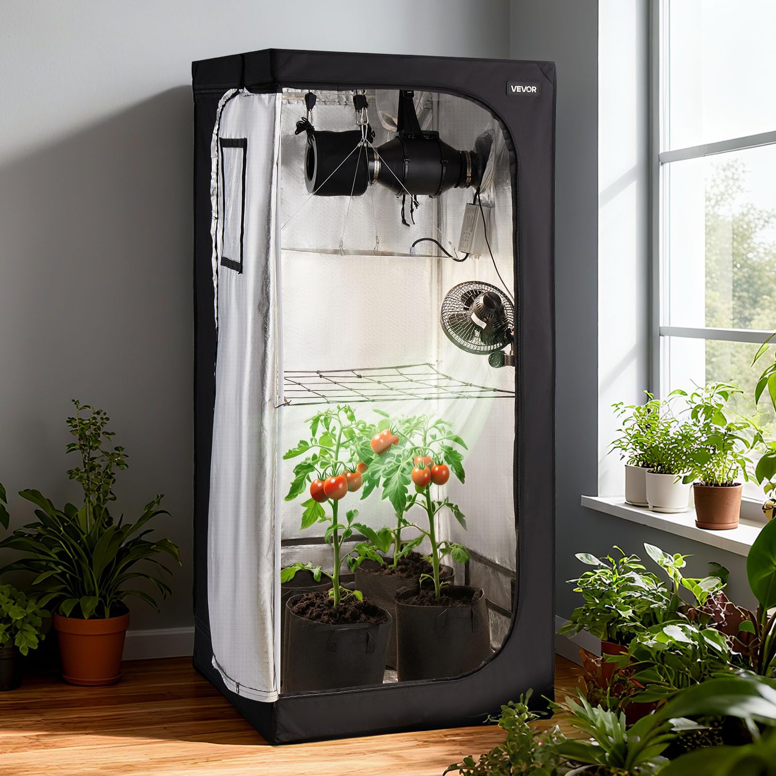 VEVOR Growzelt 80x80x180 cm Indoor-Pflanzenzelt mit Vollspektrum-LED-Zuchtlicht & Belüftungssystem 600D Mylar