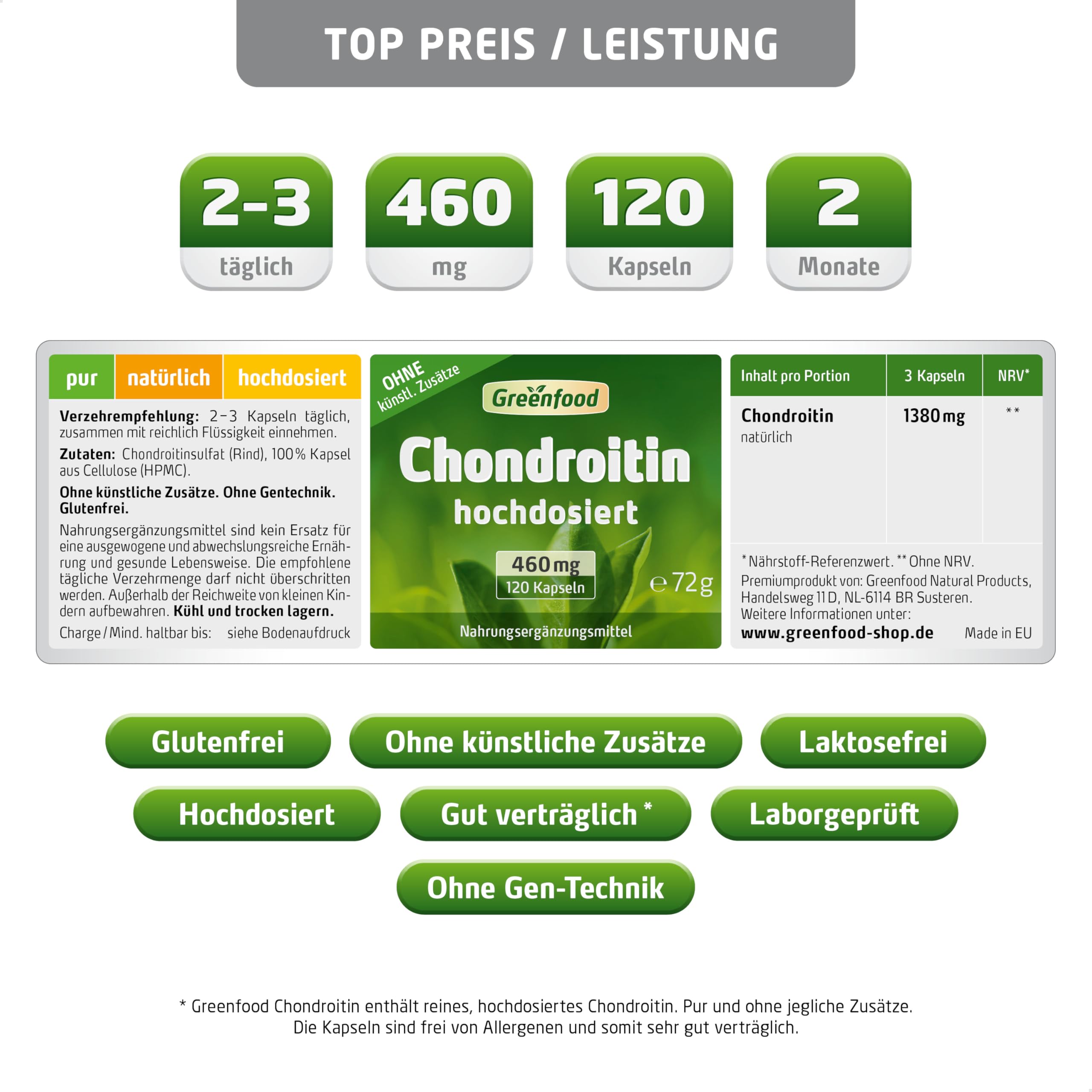 Chondroitin, hochdosiert, 460mg - 120 Kapseln, vegan. Chondroitinsulfat. Reinsubstanz – hohe Bioverfügbarkeit. OHNE künstliche Zusätze - laborgeprüft. Von Greenfood.