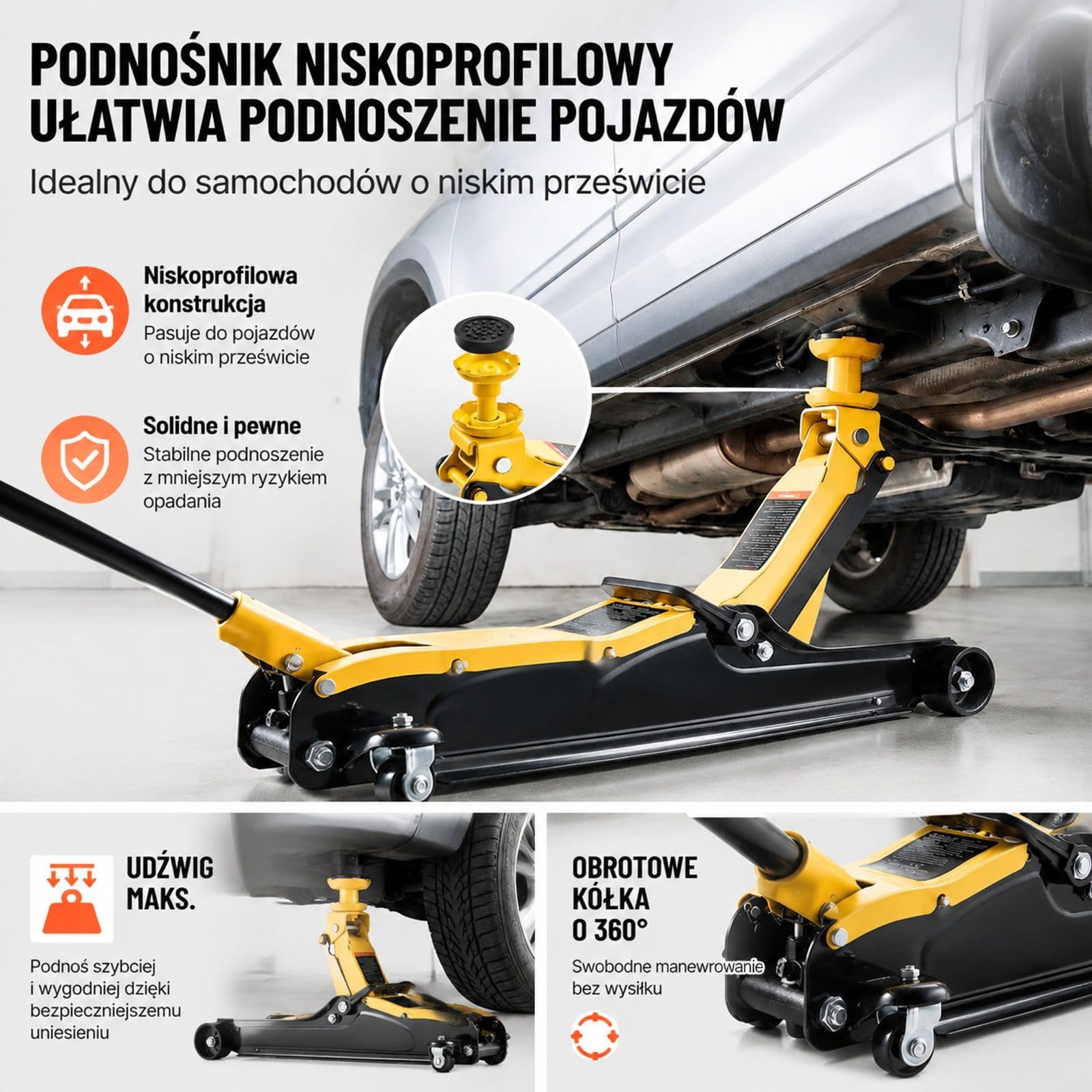 Podnośnik hydrauliczny 2,5 t, niskoprofilowy stalowy z pompą jednotłokową, adapterami do SUV-ów, sedanów i aut wyścigowych