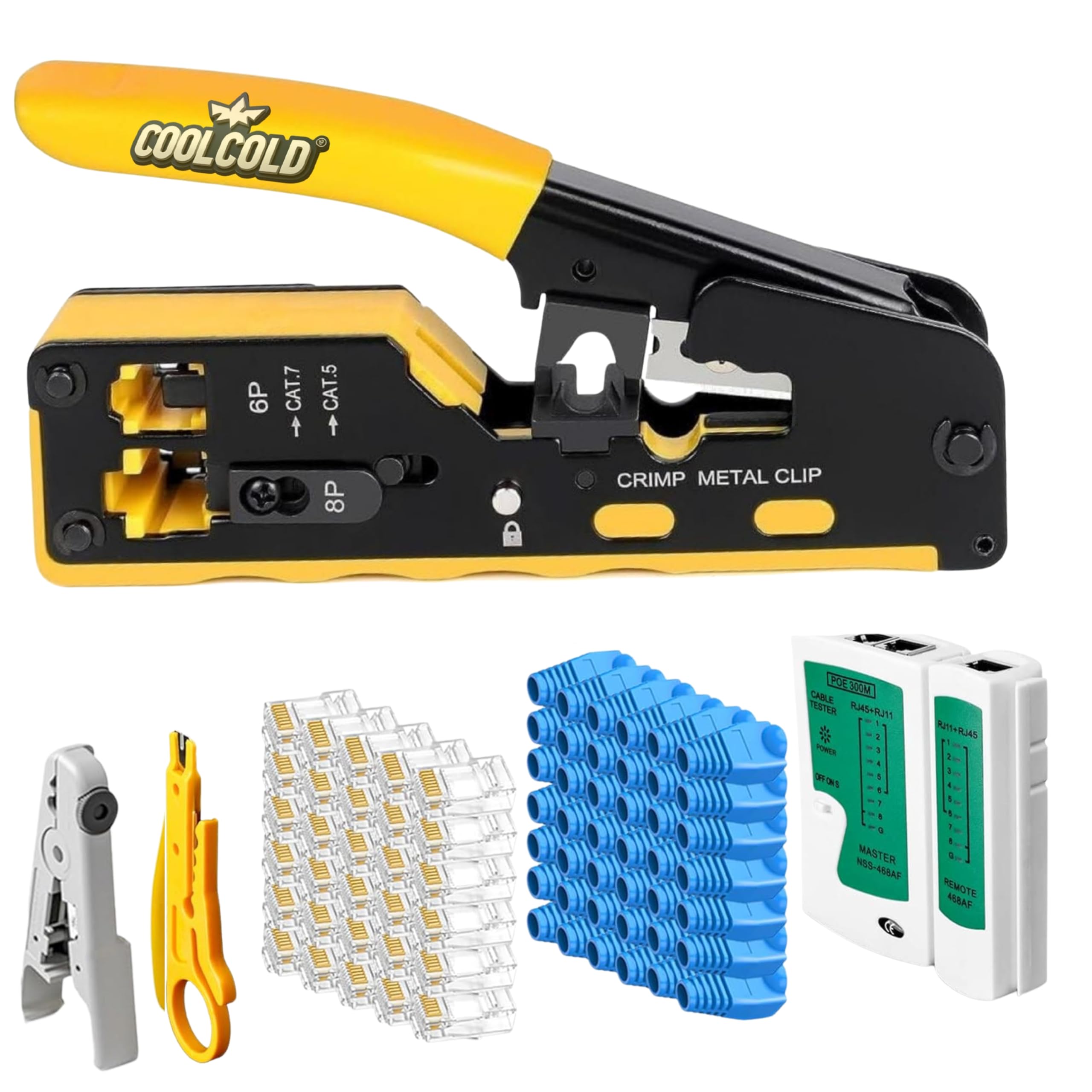 COOLCOLD® RJ45 Pass Through Crimping Tool Kit for Cat7/Cat6A/Cat6/Cat5E – Heavy-Duty Ethernet Crimper with LAN Cable Tester With Battery, Universal Wire Stripper, 10 Cat6 Connectors & 10 Boots