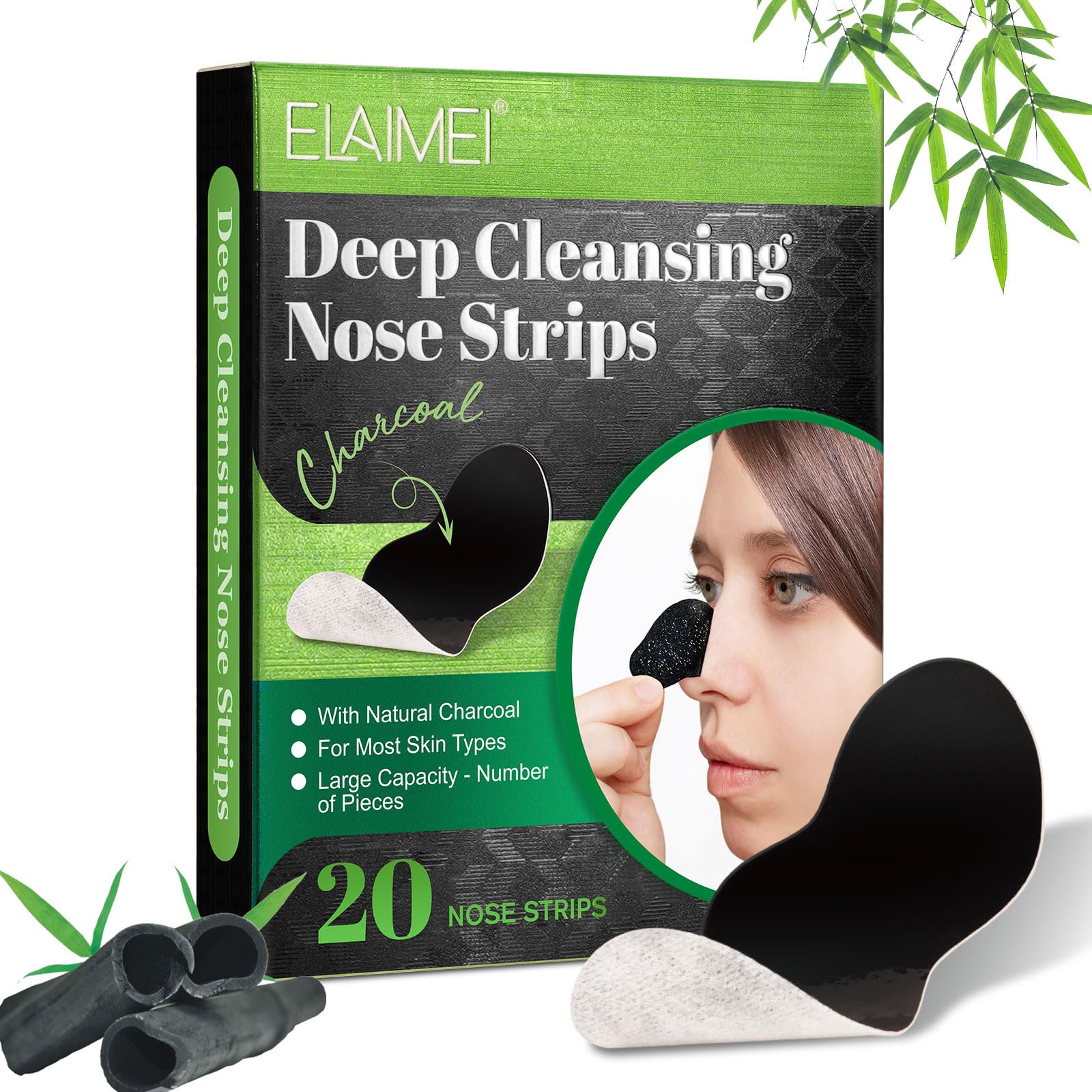 ELAIMEI Pore Strips,Natural Blackhead Strips for All Skin Type,Nose Strips for Blackheads,Pore Cleansing Strips,Black Heads Strip,Nose Blackhead Remover Strip (Nose Strips Charcoal 20pcs)