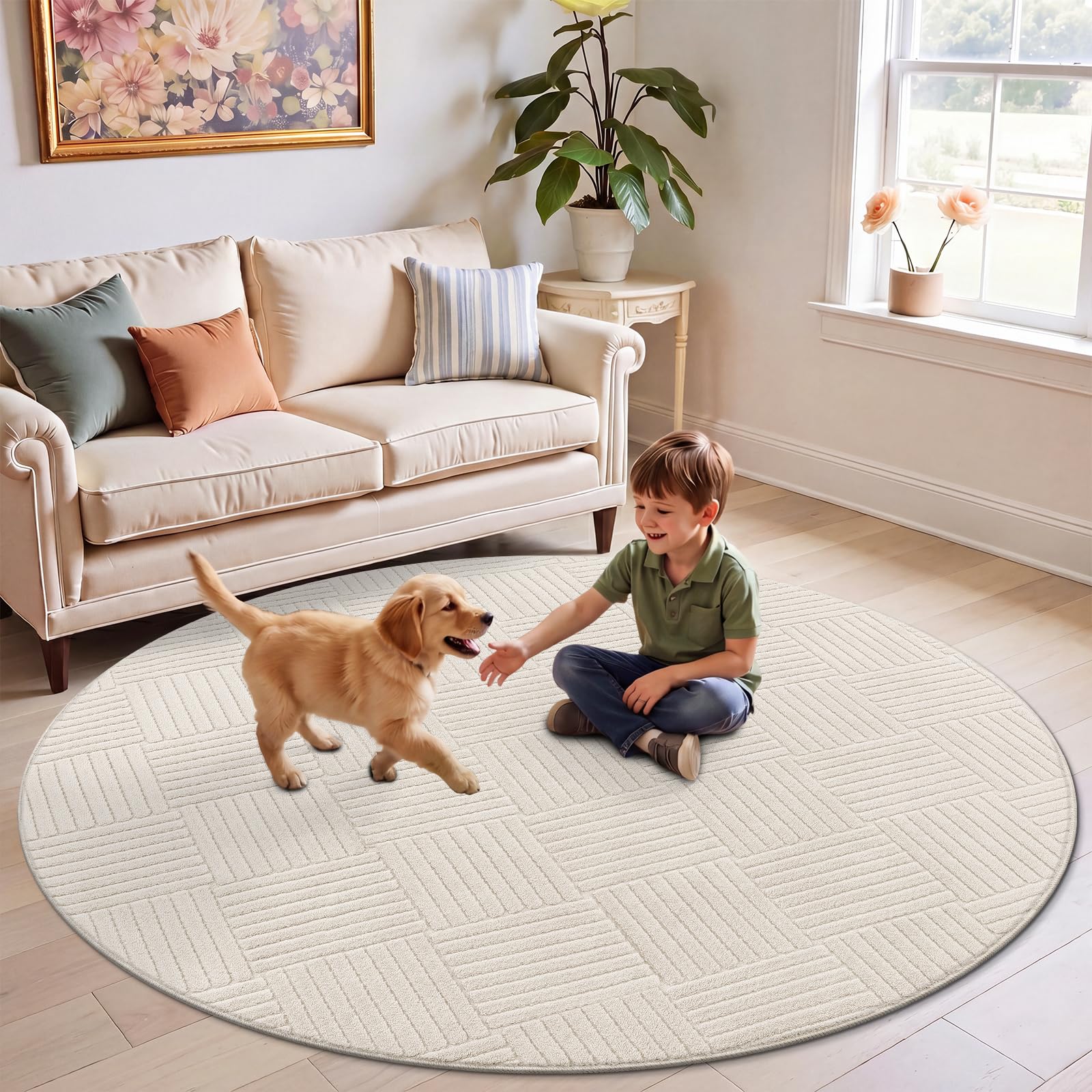 Homdeco Tapis rond doux et moelleux pour salon, tapis d'intérieur moderne, antidérapant et antidérapant pour salon, chambre d'enfant et salle à manger, 160 cm, beige
