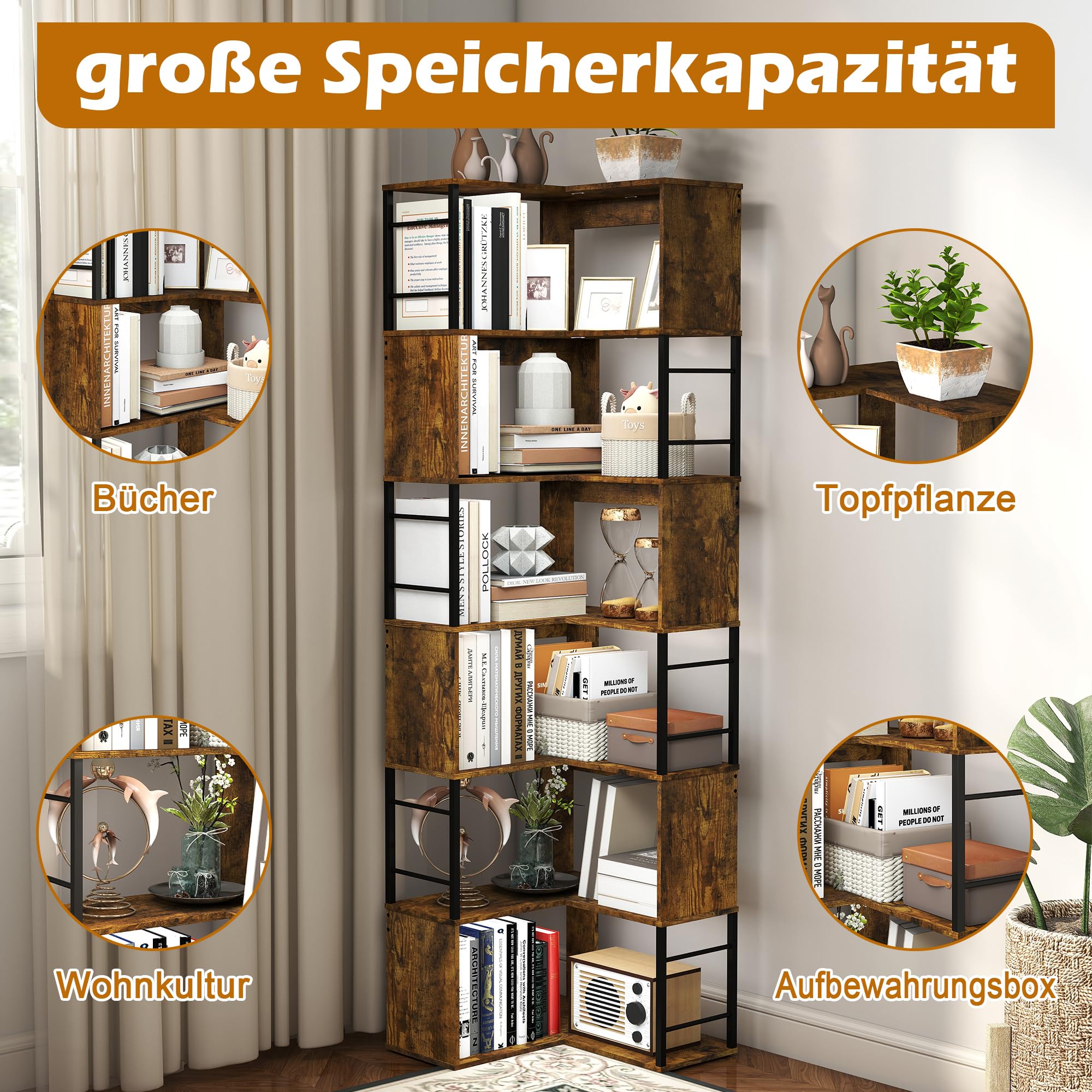 7 Ebenen-Ecke Bücherregal, Hohes Lagerregal 187CM, L-Form Industrial Regal Holz Bücherregal, Großes Eckregal Bodenstehendes Eckregal, Standregal Vintagebraun