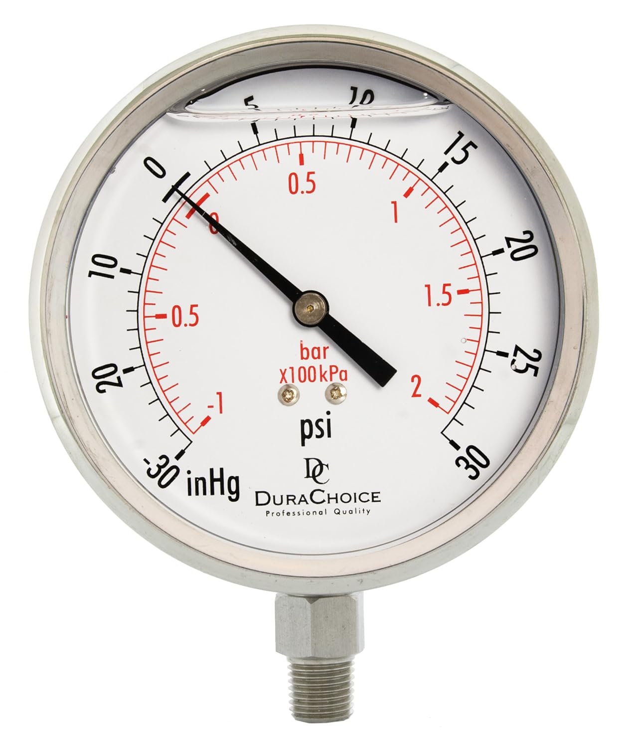 4" All Stainless Steel Oil Filled Vacuum Pressure Gauge - 1/4" NPT Lower Mount, 30HG/30PSI