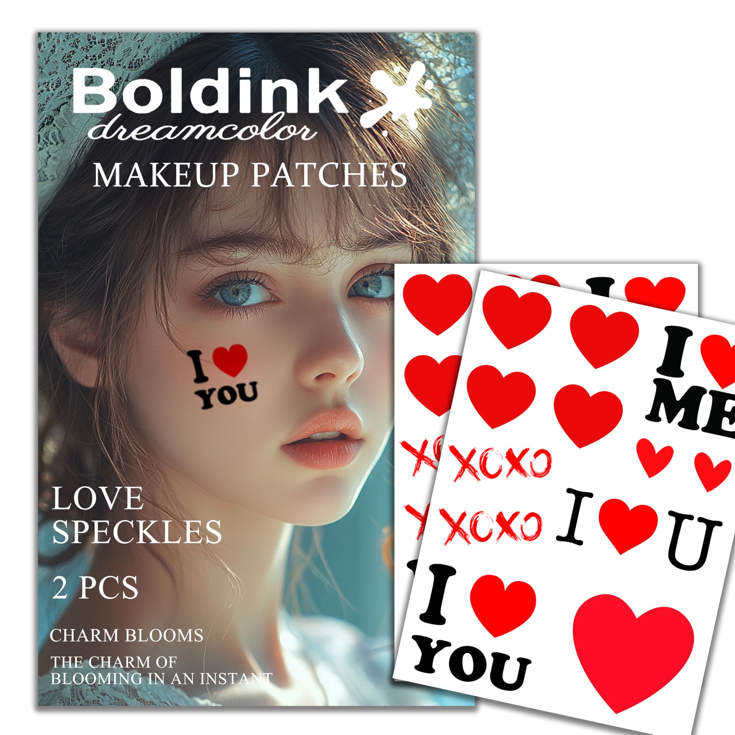 Boldink 2pcs Makeup Stickers,Waterproof Face Love Heart Temporary Tattoo Stickers,Masquerade Stickers,Wedding Face Makeup Stickers for Women.