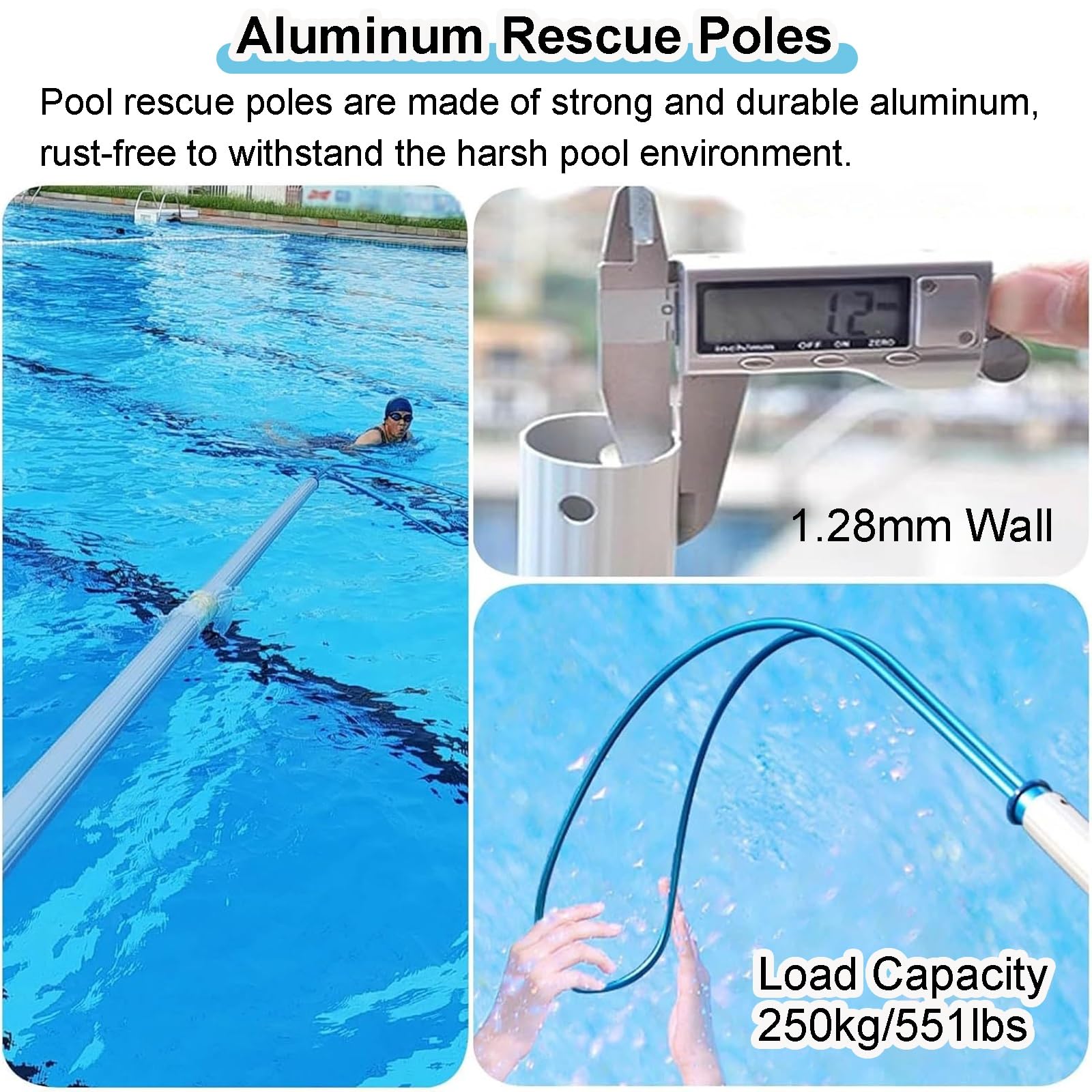 Gancho telescópico de Rescate de Emergencia para la Seguridad en Piscinas, diseño Resistente para rescates rápidos en Agua en Parques Infantiles y acuáticos.