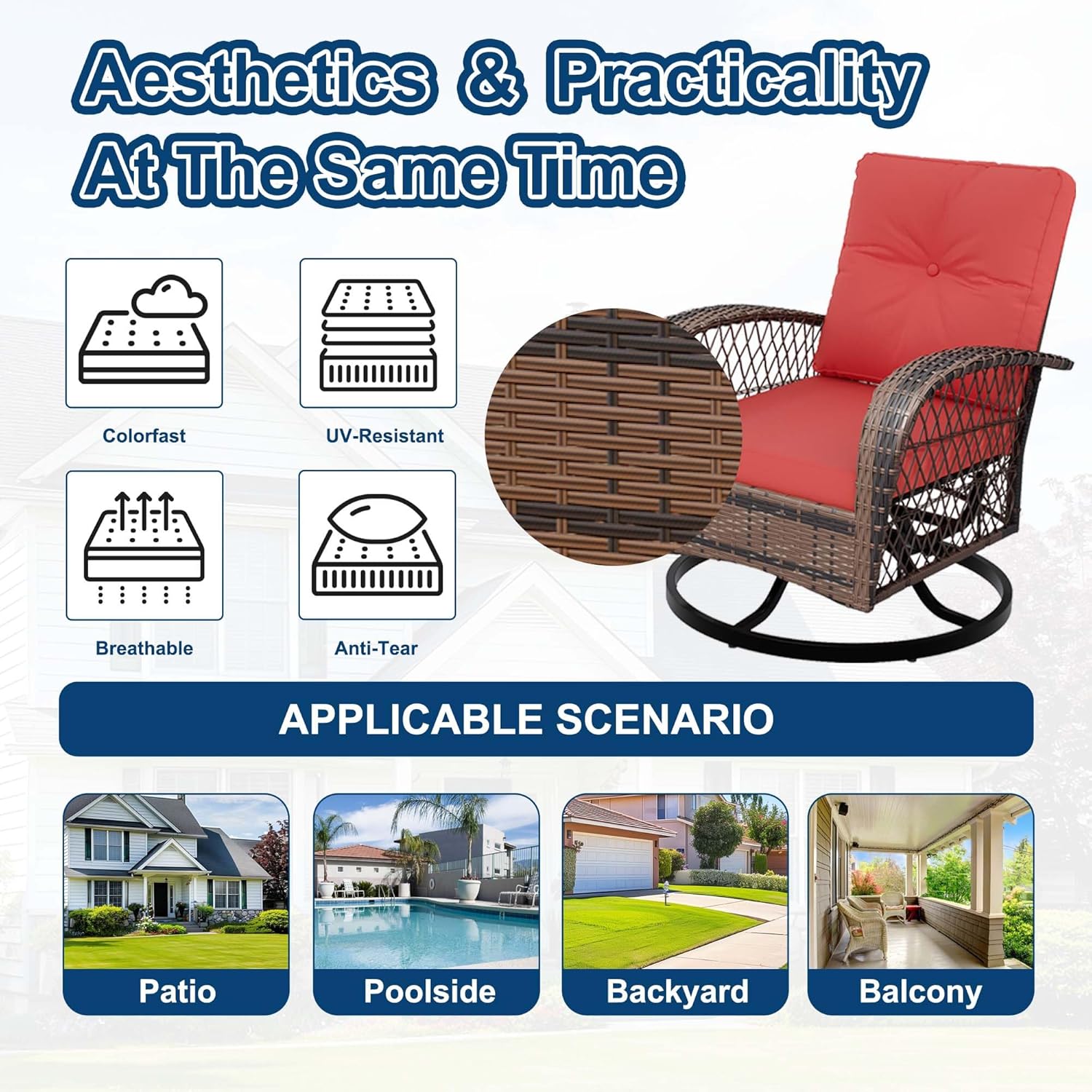 Swivel Rocker Patio Chairs Set of 2 with Side Table, 3 Pieces Patio Wicker Glider Chairs with Thickened Cushions, Outdoor Wicker Rocker Patio Chair Set for Balcony Front Porch Poolside Garden, Red