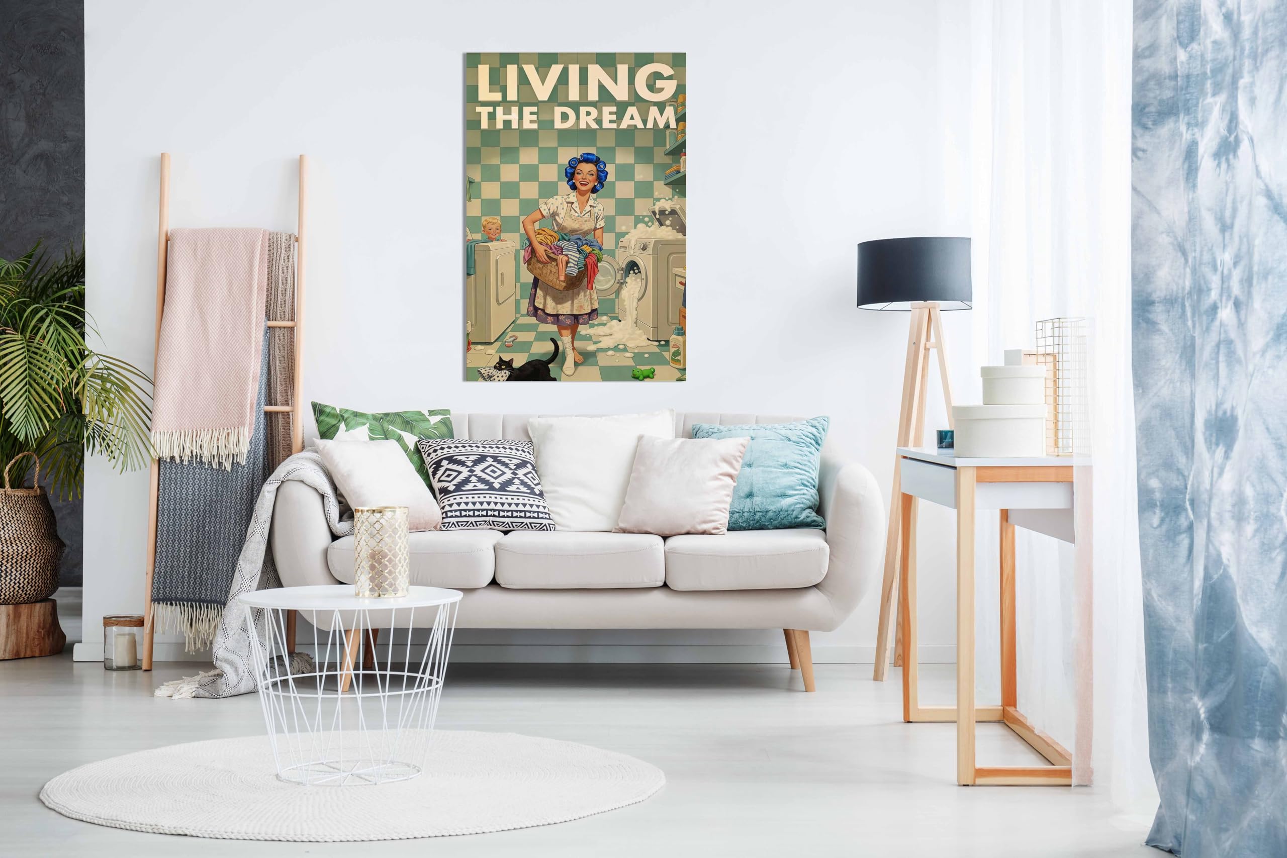 Retro Laundry Print Zabawny plakat z lat 50., humorystyczna sztuka ścienna, Living The Dream, oprawiony druk na płótnie, obrazy na ściany domu, sypialni, salonu i łazienki, dekoracja 91 x 61 cm (36 x
