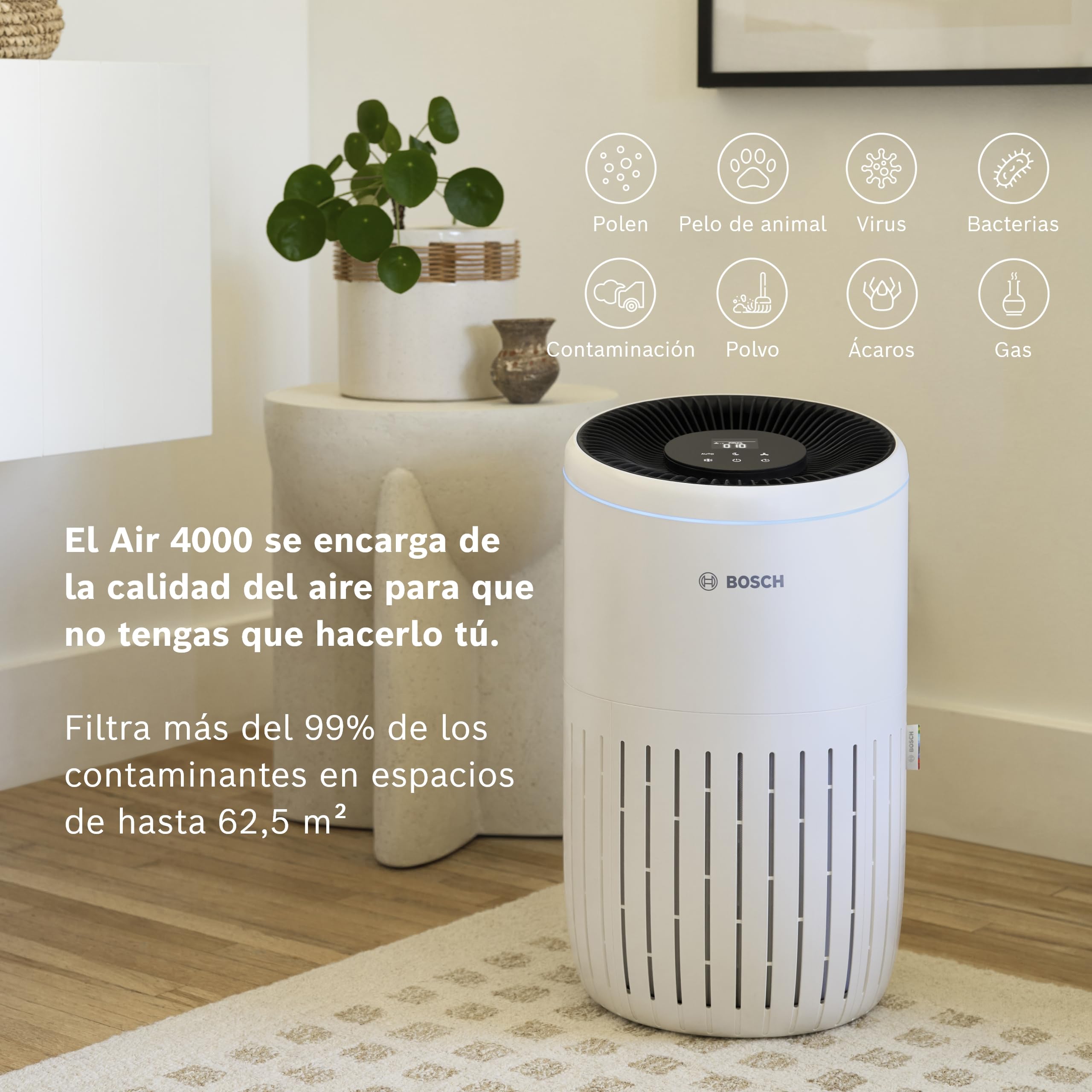 Bosch Air 4000, Purificador de aire, Para estancias de hasta 62,5 m² | Con Filtro de Aire 3 en 1, Sensor Inteligente, Modo Automático, Modo Silencioso (< 25 dB(A)), CADR: 300 m³/h