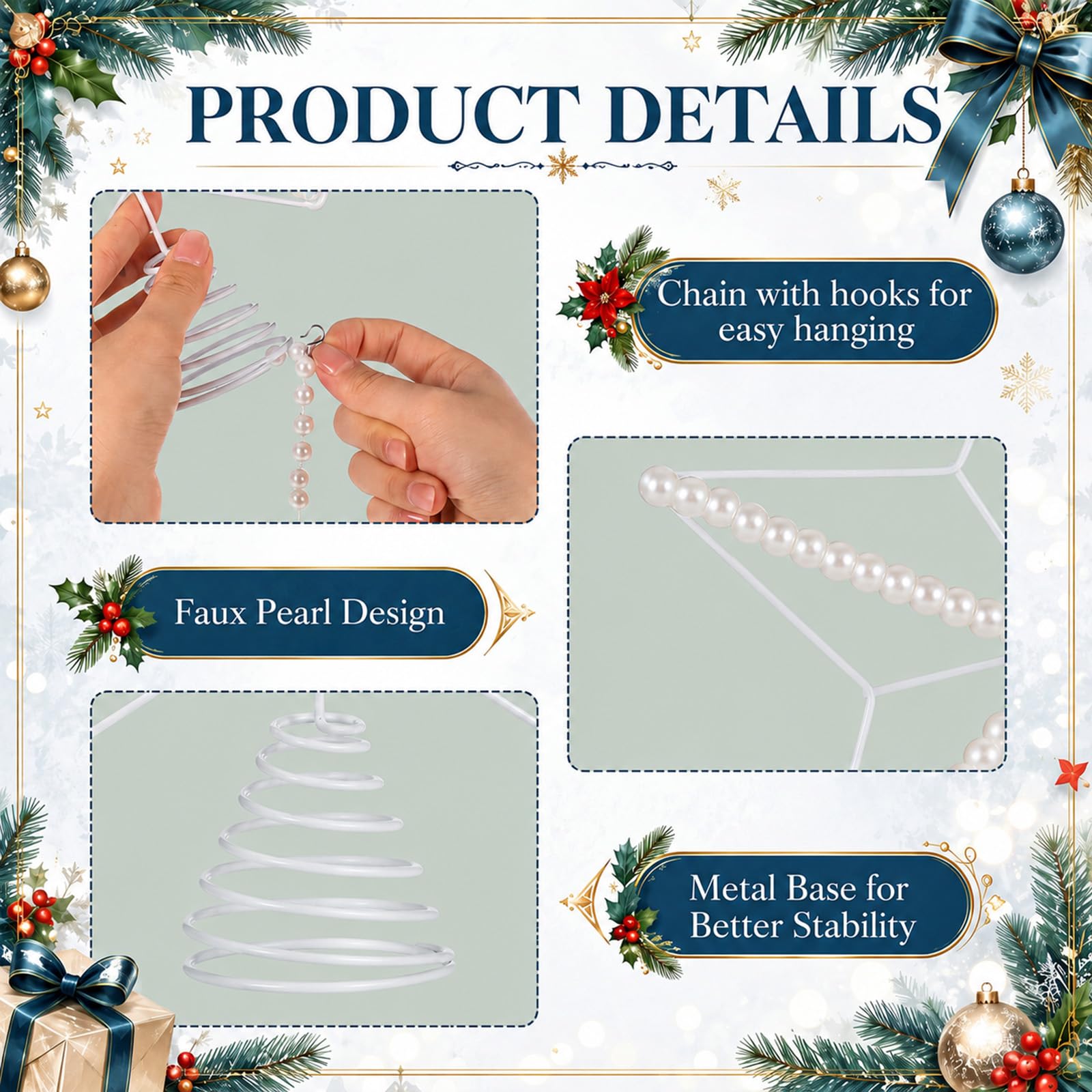 Arrowbash 7 piezas de decoración de estrella de 25 cm, estrella blanca para árbol de Navidad con 6 hebras de 200 cm, adorno de cadena de perlas sintéticas para árbol de Navidad de 5 a 8 pies