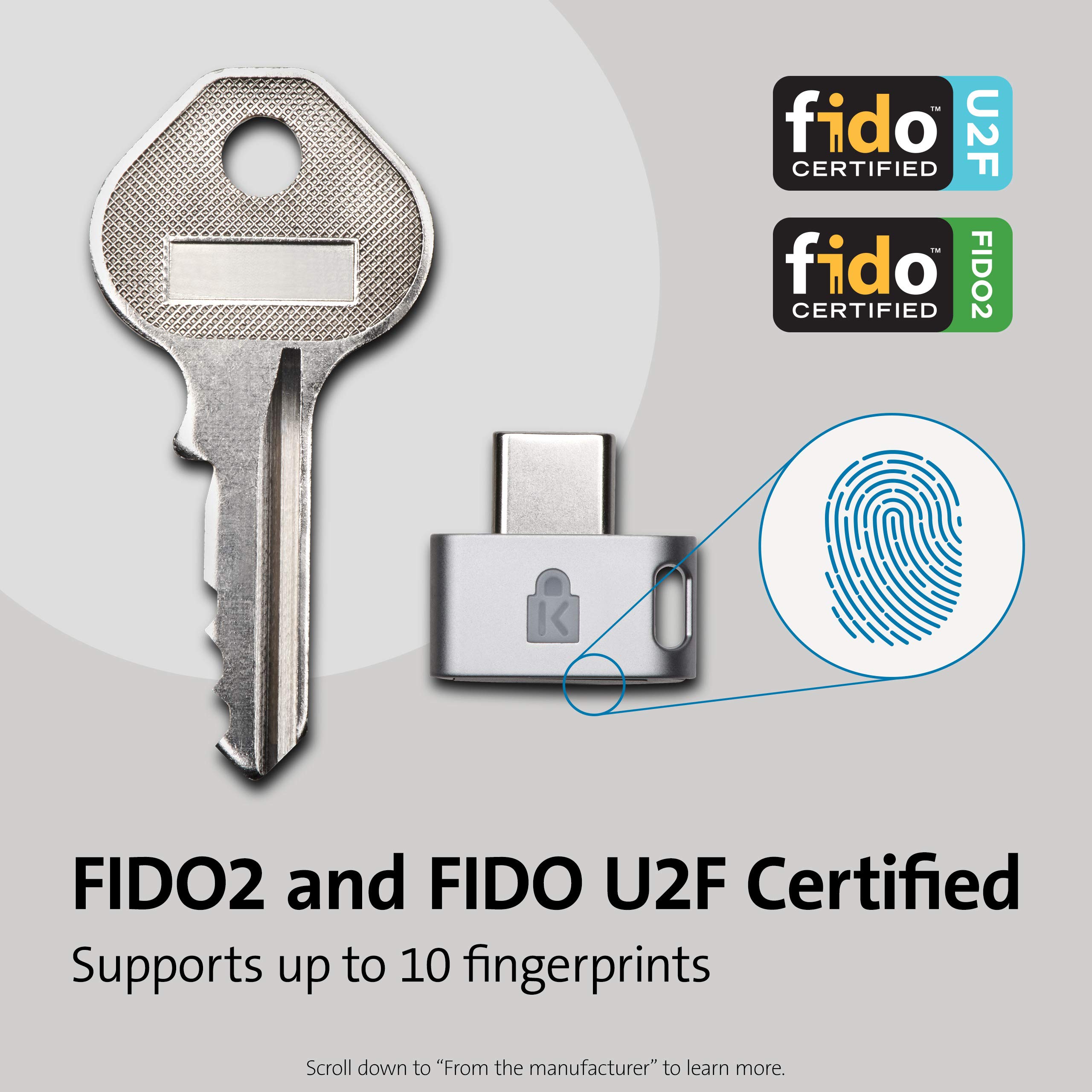 Kensington VeriMark Guard USB-C Fingerprint Security Key, FIDO2 WebAuthn/CTAP2 & FIDO U2F, klucz bezpieczeństwa, dwuskładnikowe uwierzytelnianie biometryczne, Windows, Chrome, macOS, iOS, K64709WW