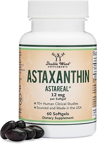 Astaxantina de 12 mg de fuerza máxima (solo astaxantina patentada (Astrareal) con más de 70 ensayos clínicos en humanos - La marca más estudiada del